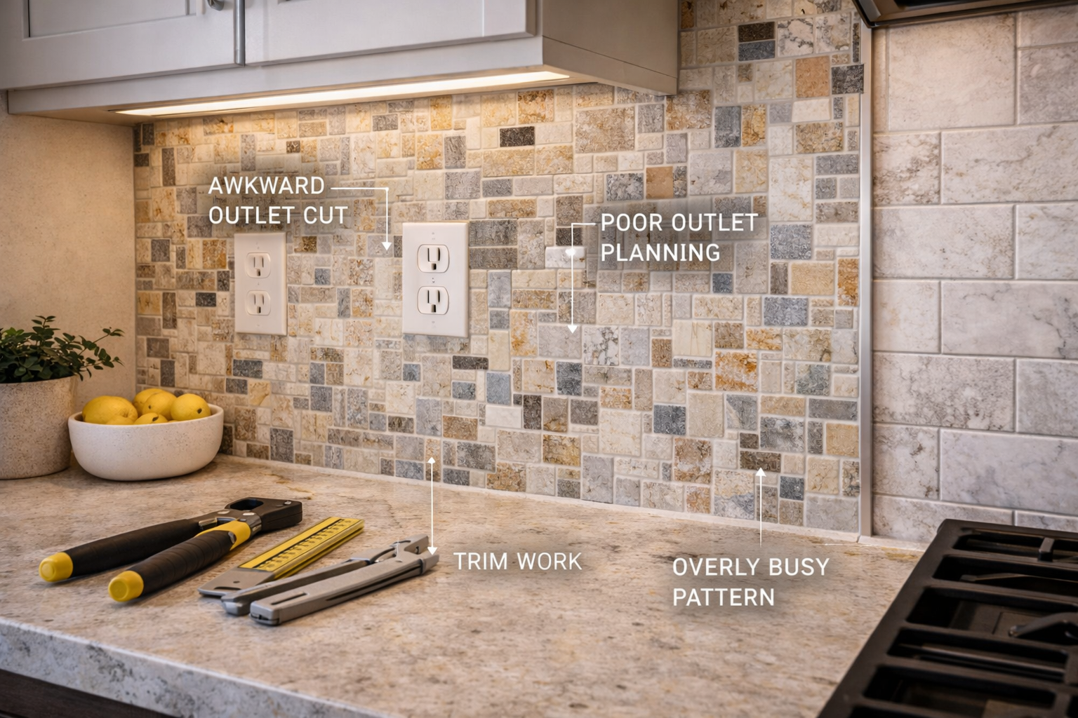 Kitchen backsplash mistakes such as awkward stopping points, poor grout choices, sloppy cuts, and mismatched countertop transitions