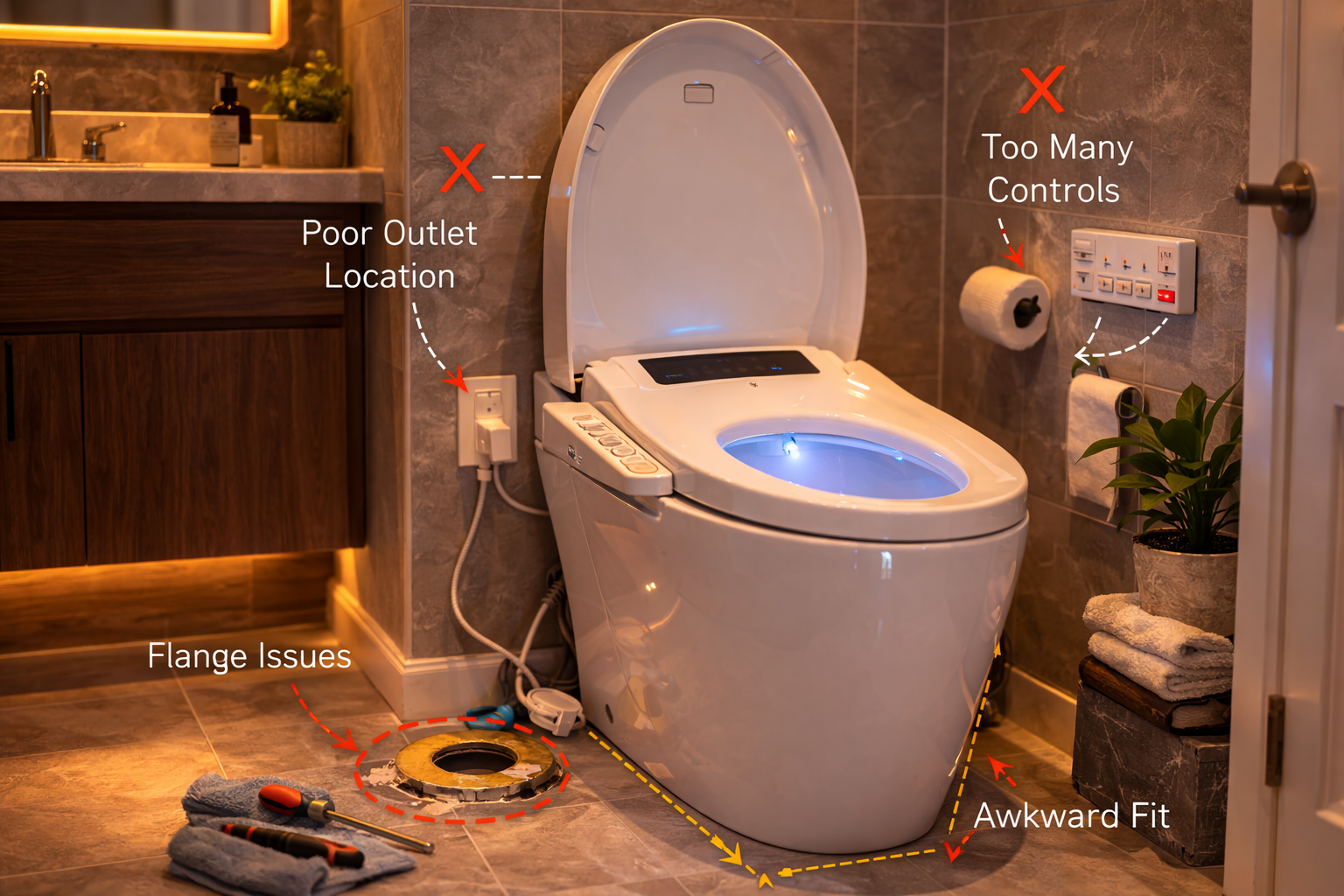 Smart toilet planning mistakes such as missing power access, poor clearance, feature overbuying, and weak fixture coordination