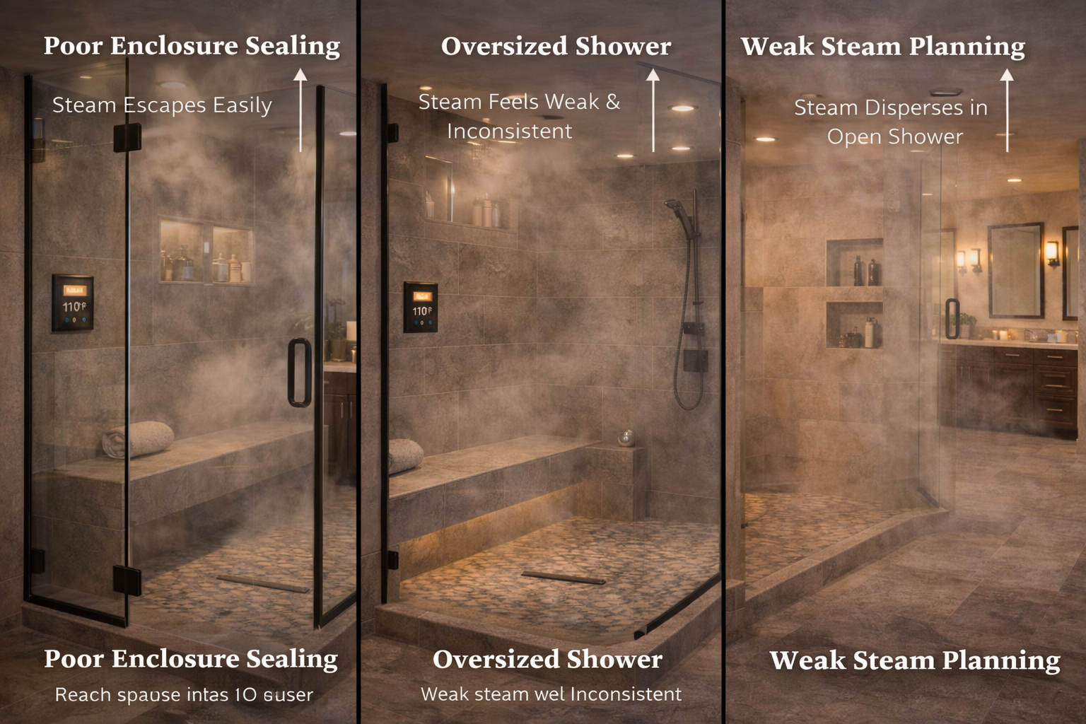 Steam shower planning mistakes such as poor vapor sealing, weak ventilation planning, bad bench placement, and oversized enclosures