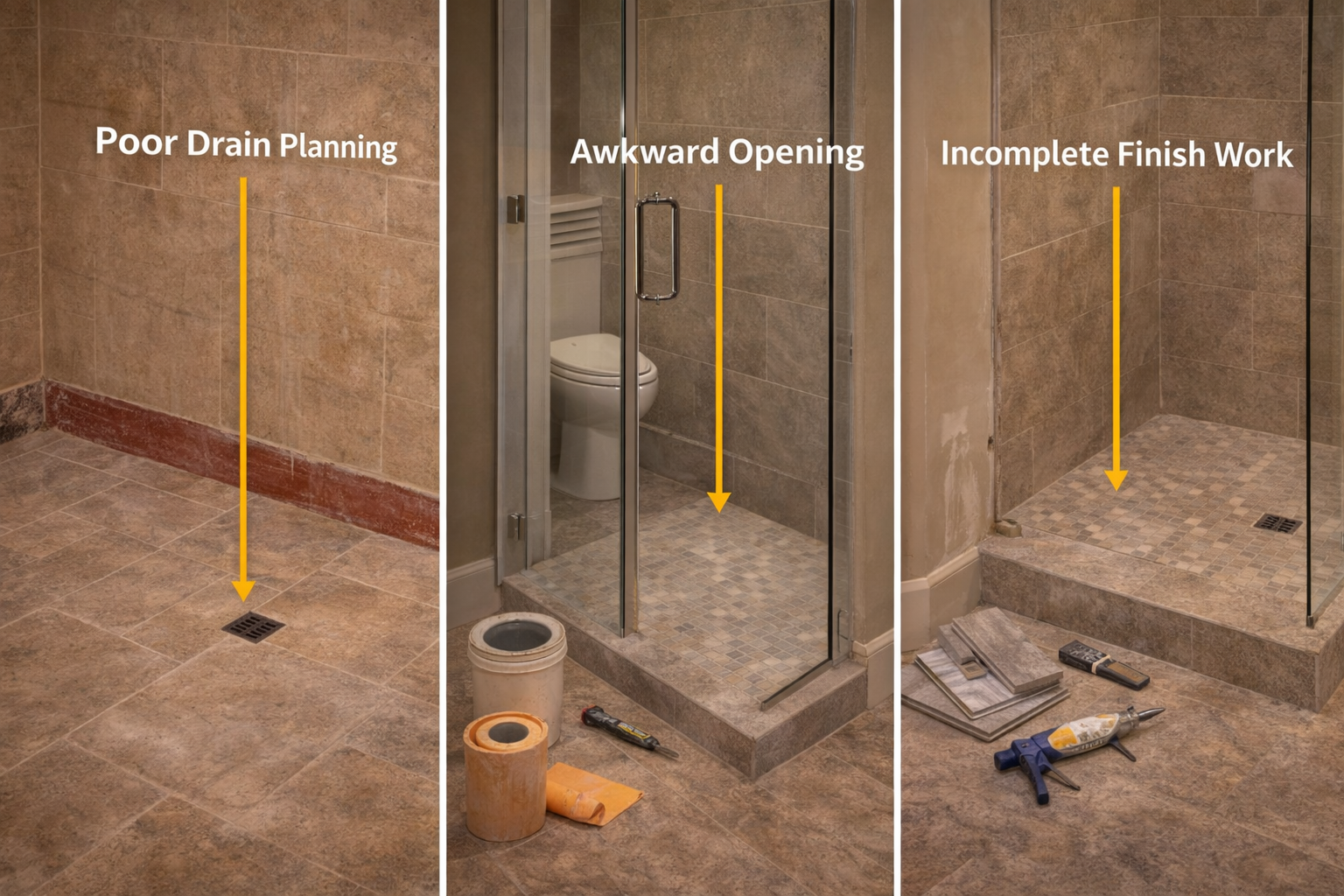 Tub-to-shower conversion mistakes such as poor waterproofing, awkward shower entry, bad drain placement, and weak fixture planning