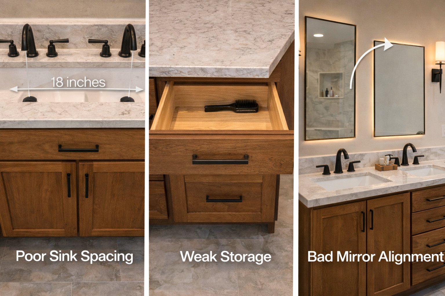 Vanity remodel mistakes such as poor storage planning, bad sink placement, weak lighting, and mirror sizing problems