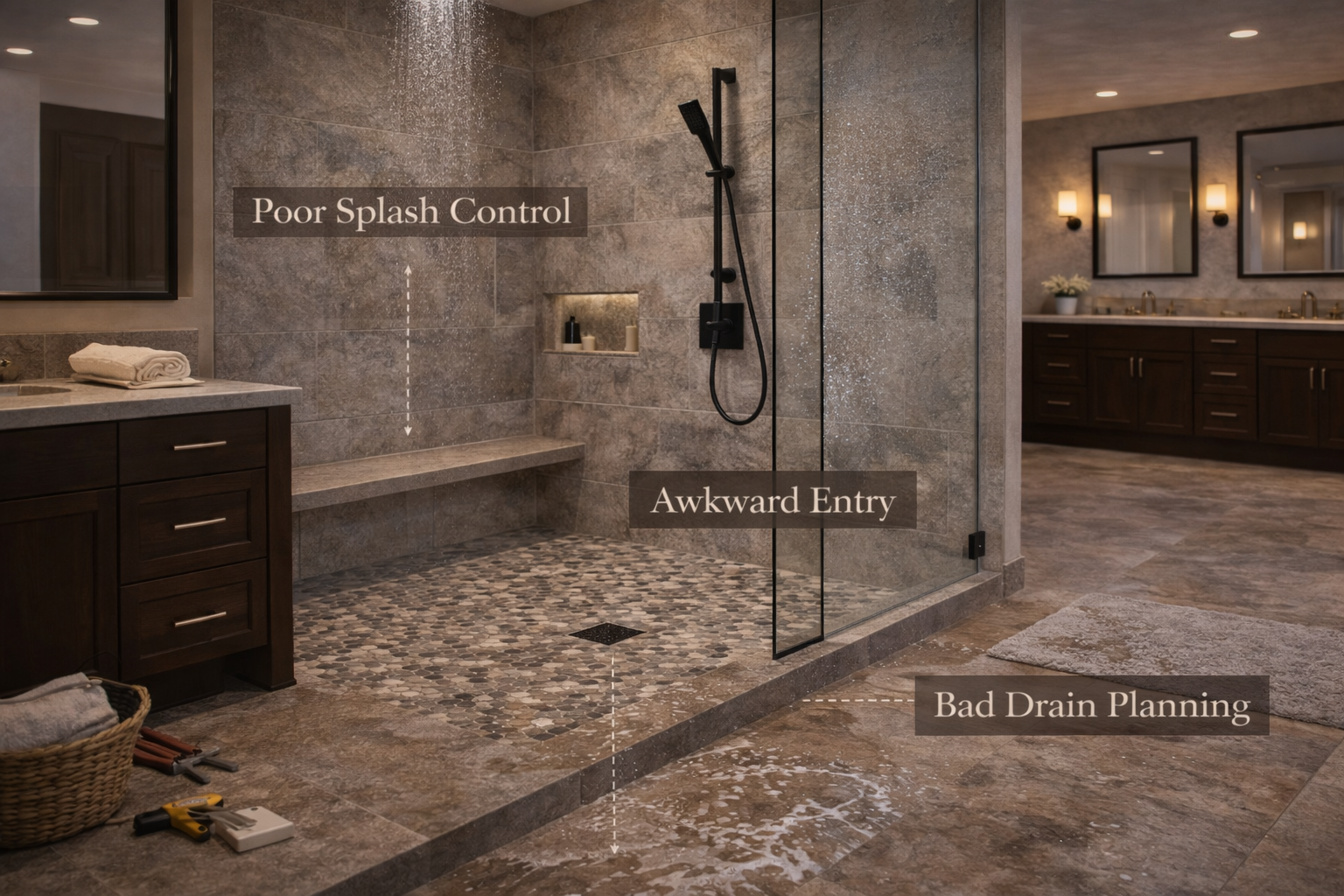 Walk-in shower mistakes showing poor splash control, awkward entry, and bad drain planning issues