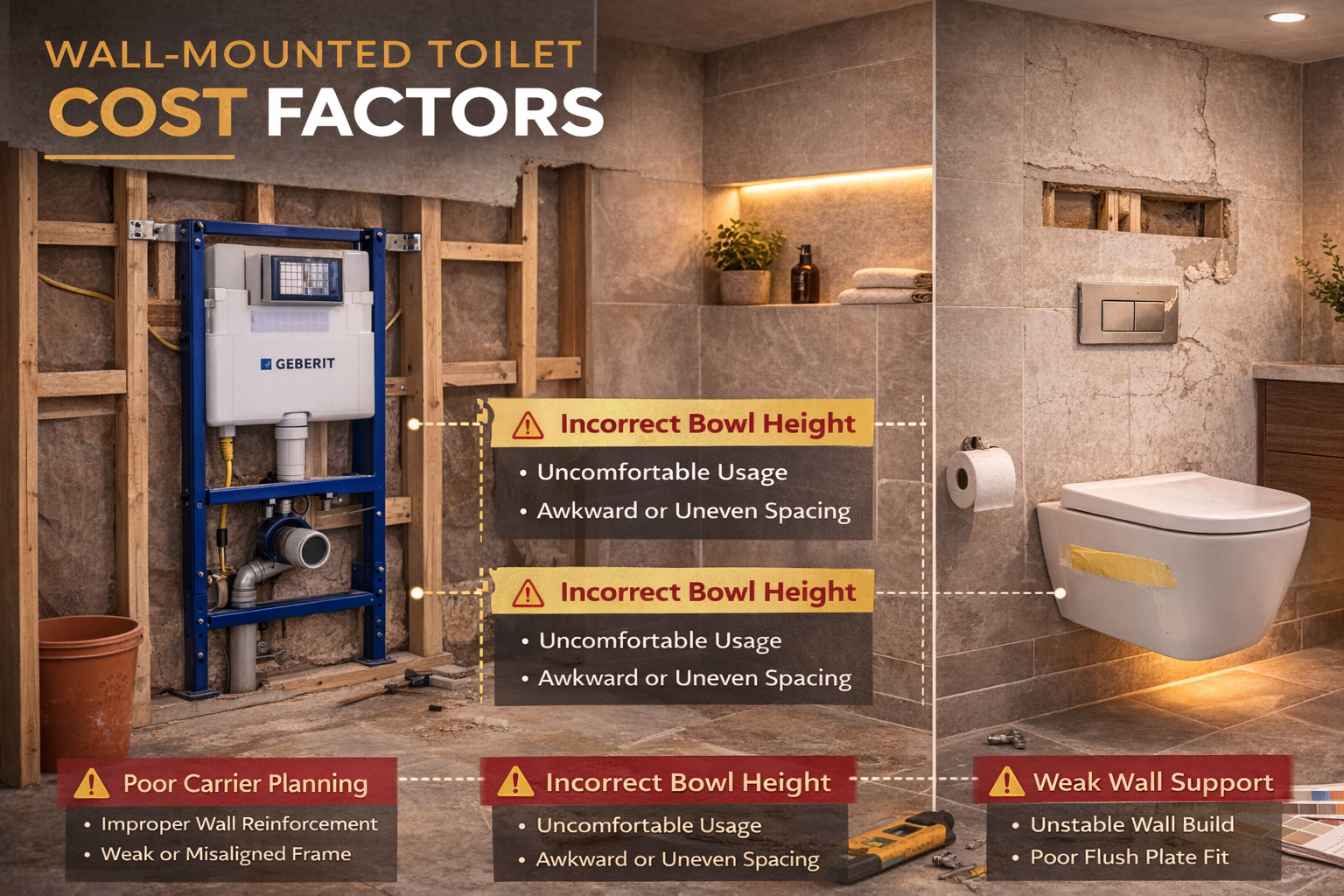 Wall-mounted toilet planning mistakes such as weak framing support, bad rough-in placement, poor height selection, and access issues