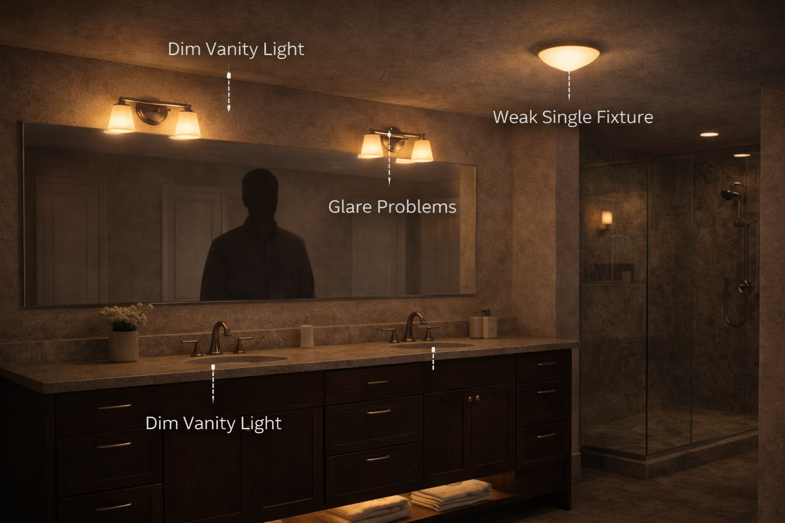 Bathroom lighting mistakes such as weak vanity coverage, bad color temperature choices, poor switch planning, and harsh shadows