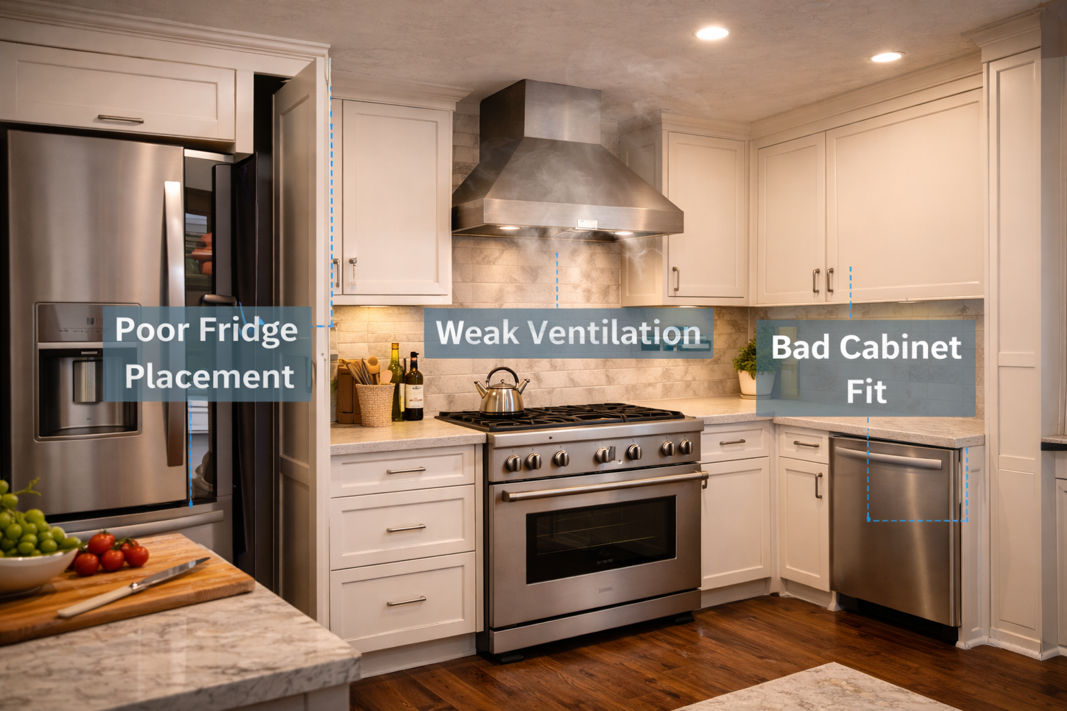 Kitchen appliance planning mistakes such as wrong sizing, poor ventilation, clearance conflicts, and weak workflow decisions