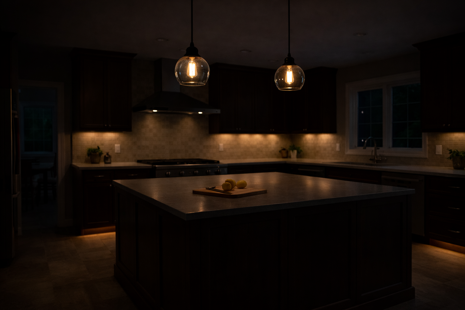 Kitchen lighting problems including dark counters, poor pendant spacing, and weak task lighting