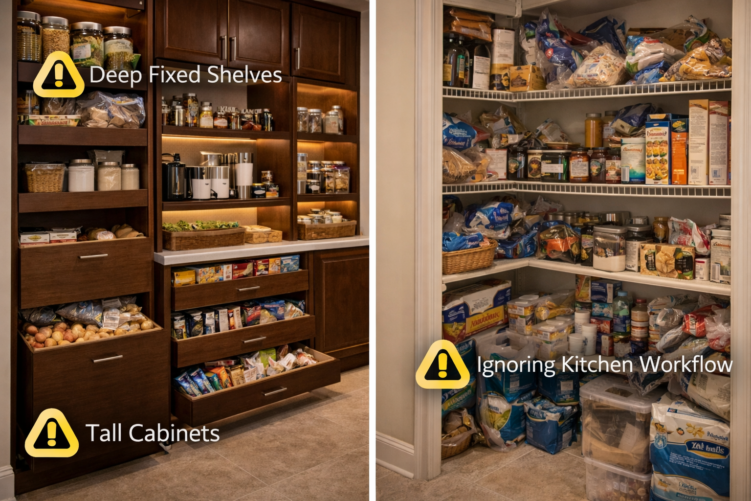 Kitchen pantry storage problems including wasted shelf depth and poor pull-out access