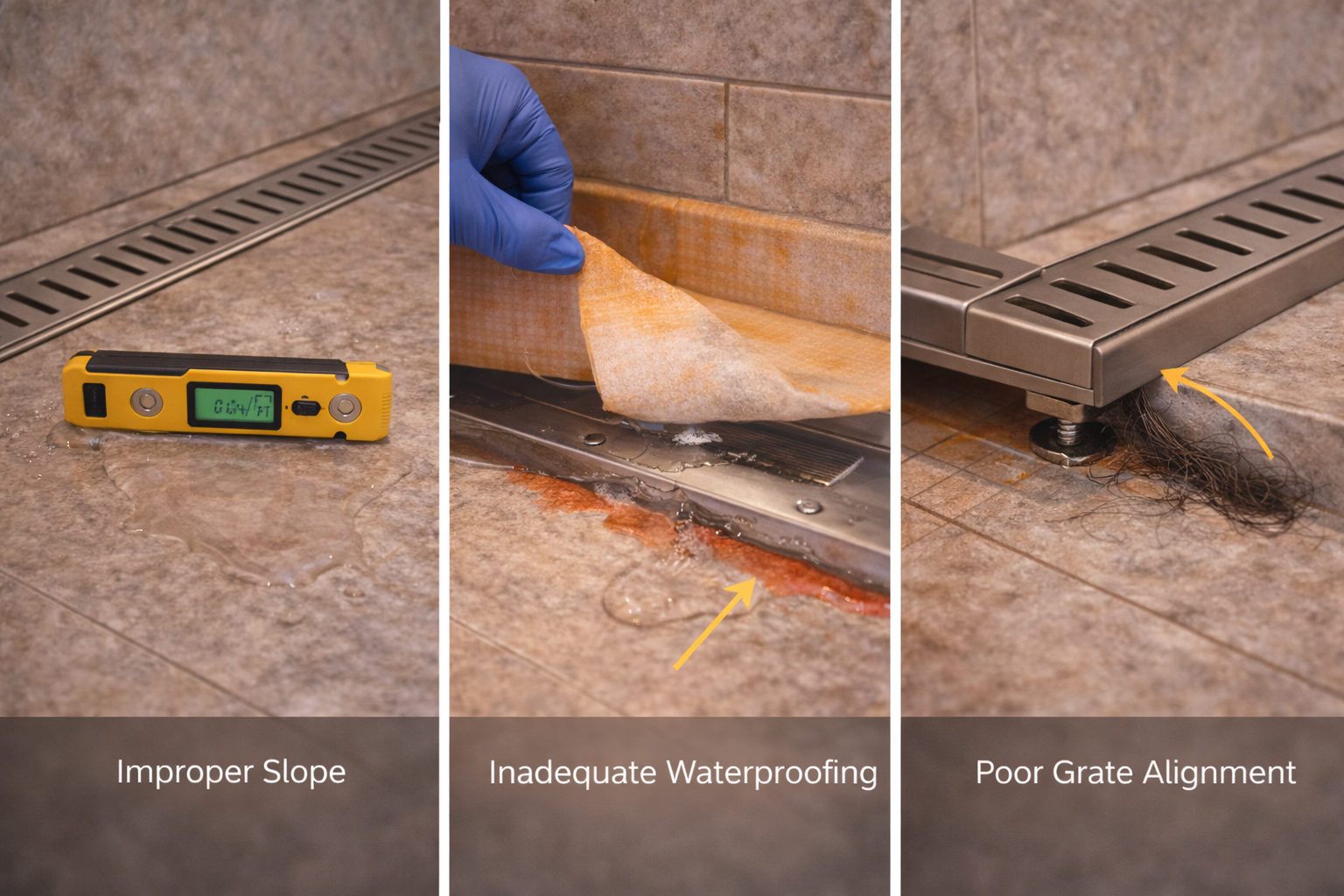 Linear drain mistakes such as poor channel leveling, weak waterproofing, wrong placement, and bad tile slope planning