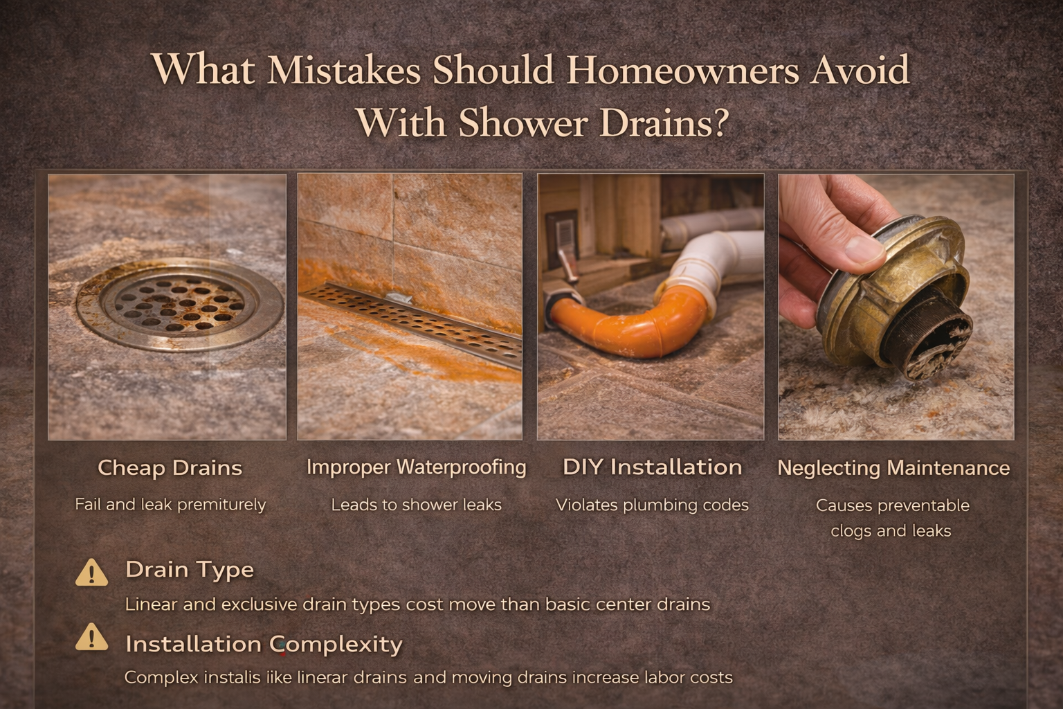 Shower drain mistakes such as bad slope, poor waterproofing tie-in, wrong drain placement, and hard-to-clean layouts