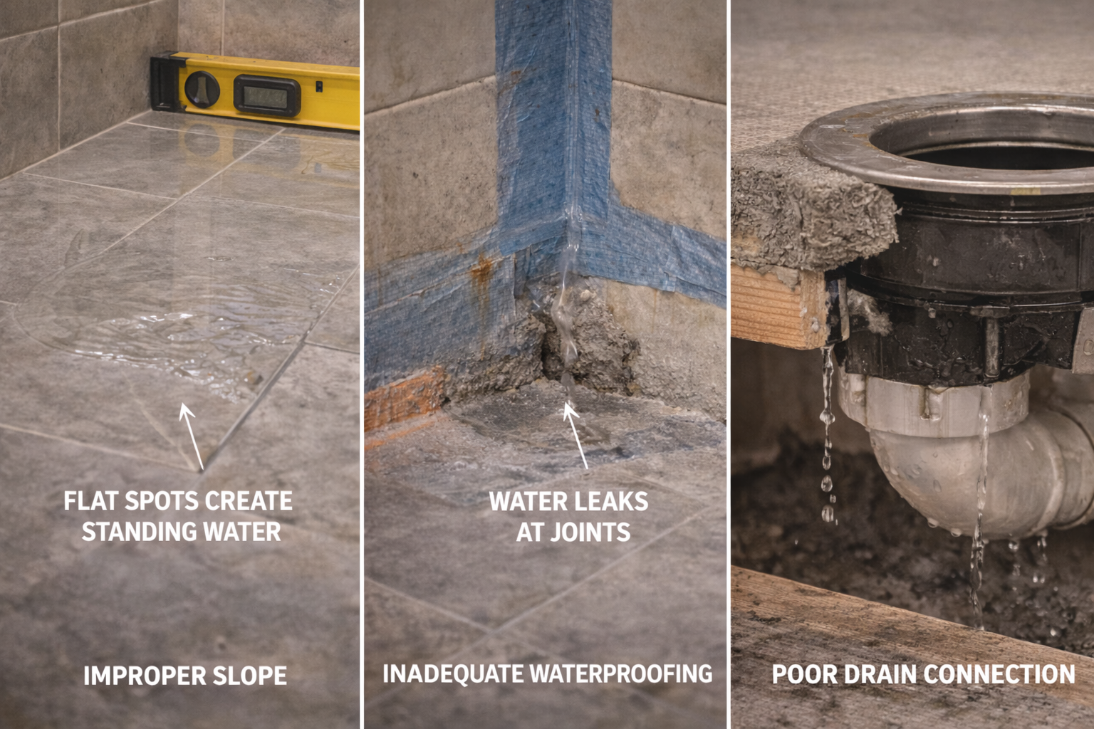 Shower pan mistakes such as bad slope, poor drain placement, weak waterproofing, and awkward entry design