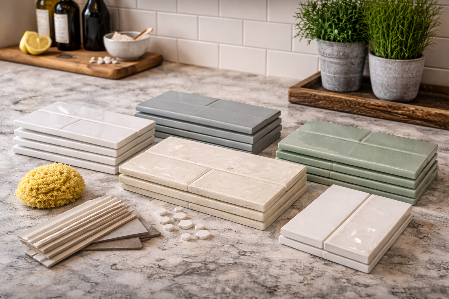 Subway tile backsplash options with different sizes, finishes, grout colors, and edge trim