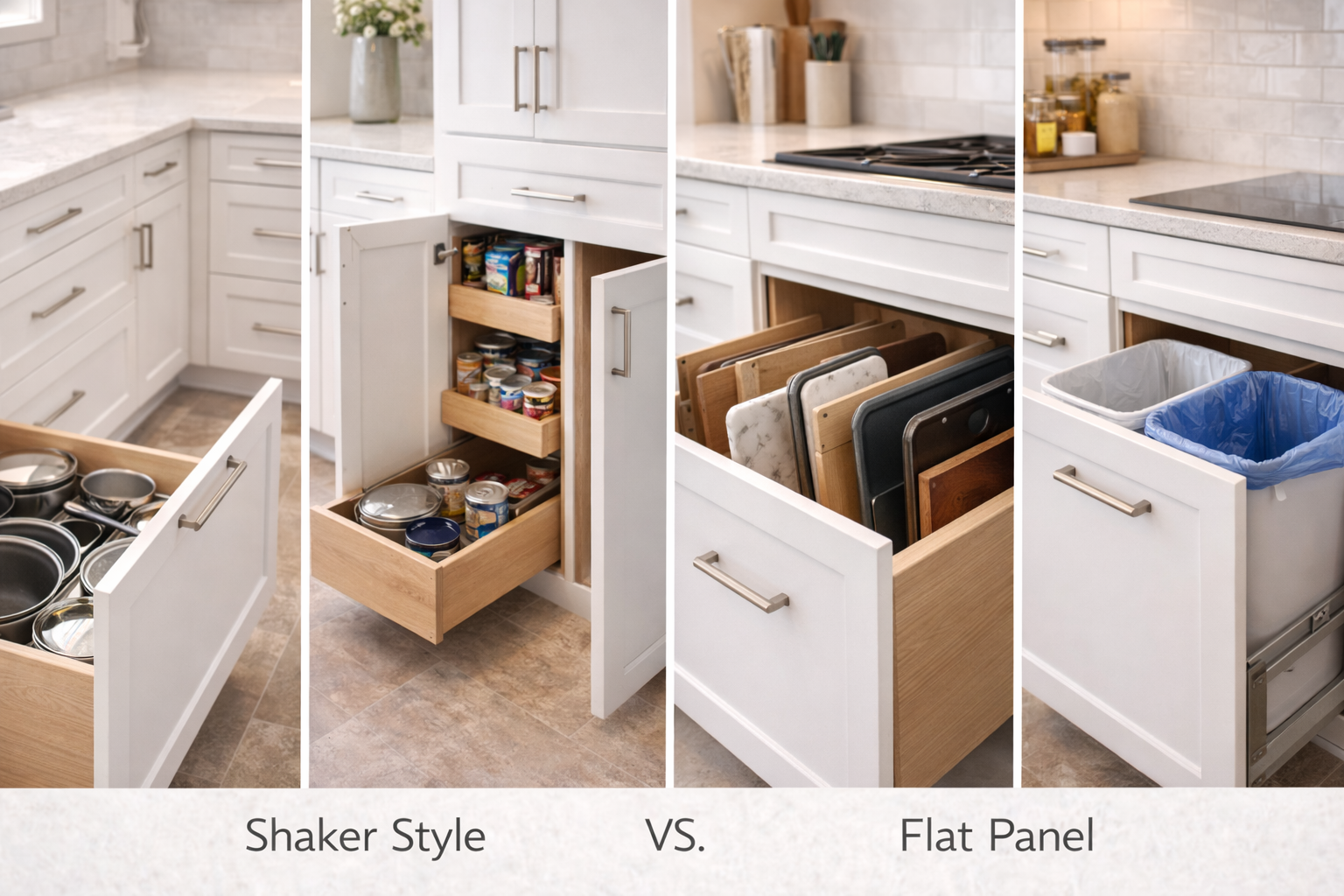 Shaker cabinet storage upgrades with deep drawers, pantry pull-outs, tray dividers, and organized base cabinet access