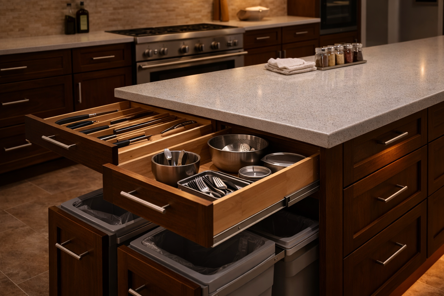 Prep island storage with drawers, trash pull-out, and utensil organization