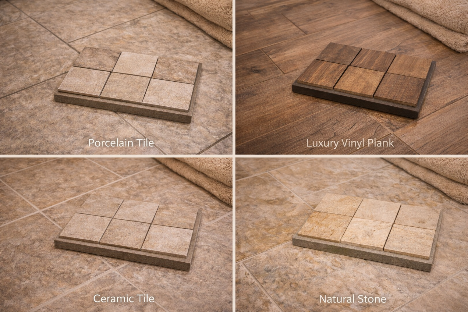 Bathroom flooring options including porcelain tile, natural stone, luxury vinyl, patterned tile, and slip-resistant surfaces