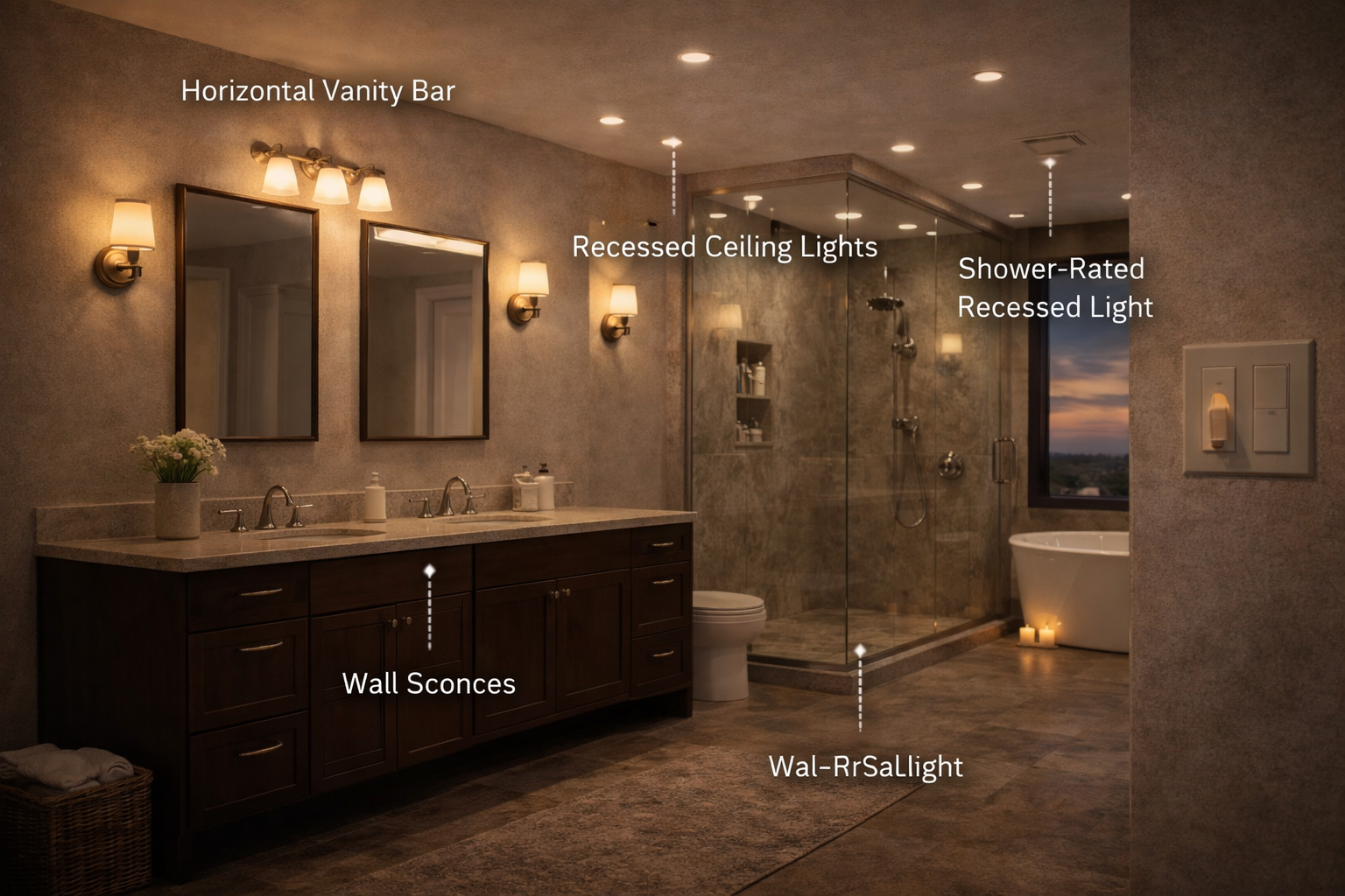Bathroom lighting options including vanity lights, sconces, recessed ceiling fixtures, shower lighting, and accent fixtures