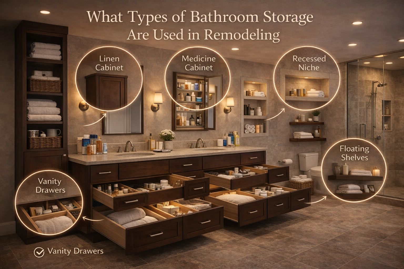 Bathroom storage options including vanity drawers, medicine cabinets, linen towers, open shelves, and recessed niches