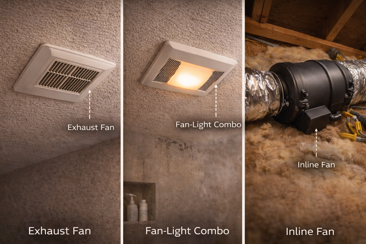 Bathroom exhaust fan, fan-light combo, and inline fan shown as common ventilation system options