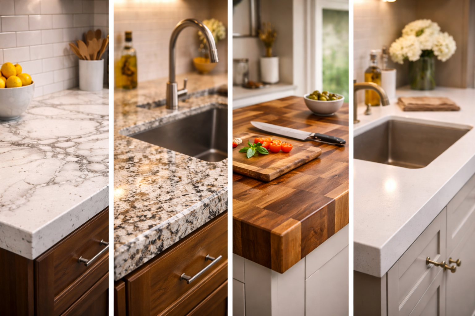 Countertop remodel options including quartz, granite, marble, butcher block, and different edge and backsplash combinations