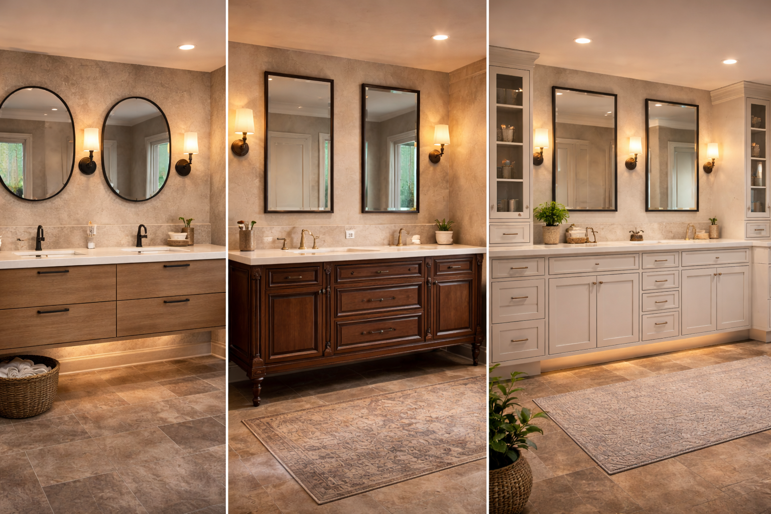 Custom vanity styles including floating cabinets, furniture-style bases, and built-in double-sink layouts sized to the room