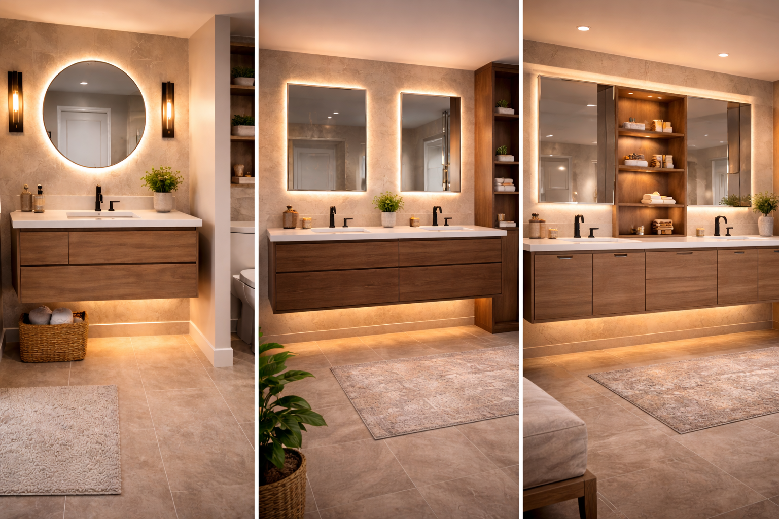 Framed bathroom wall with blocking for a floating vanity, plus close-up installation and plumbing views