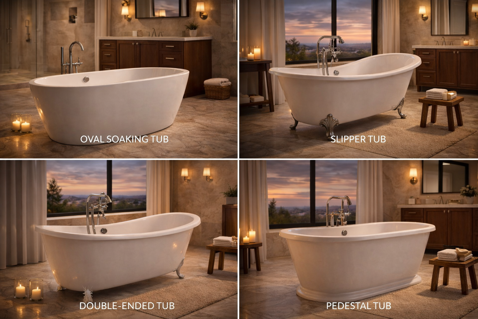 Freestanding bathtub options including oval tubs, slipper tubs, pedestal bases, modern rectangular forms, and double-ended styles
