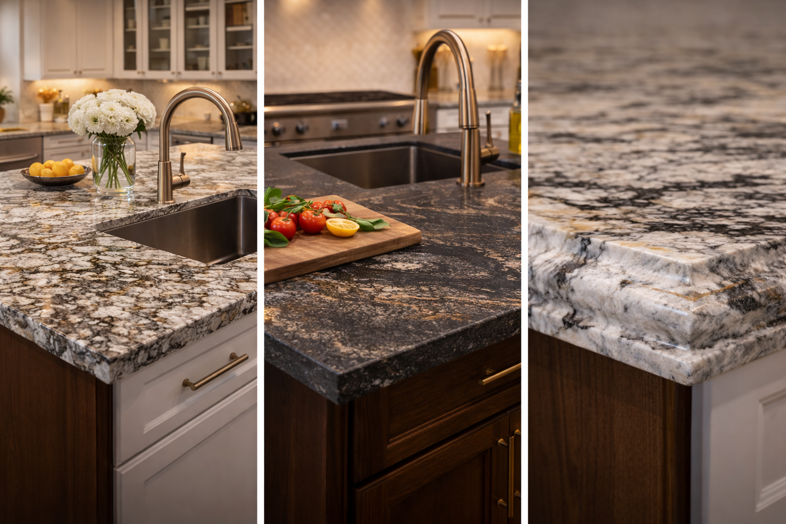 Granite countertop options with speckled surfaces, bold movement, darker stones, lighter slabs, and different edge profiles
