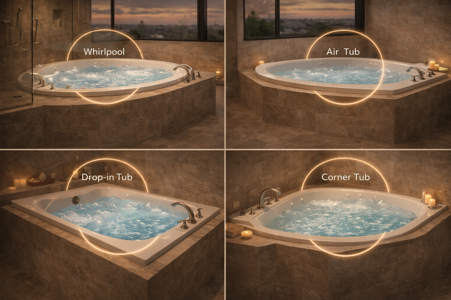 Jetted bathtub options including drop-in tubs, corner models, rectangular basins, air jet systems, and water jet systems