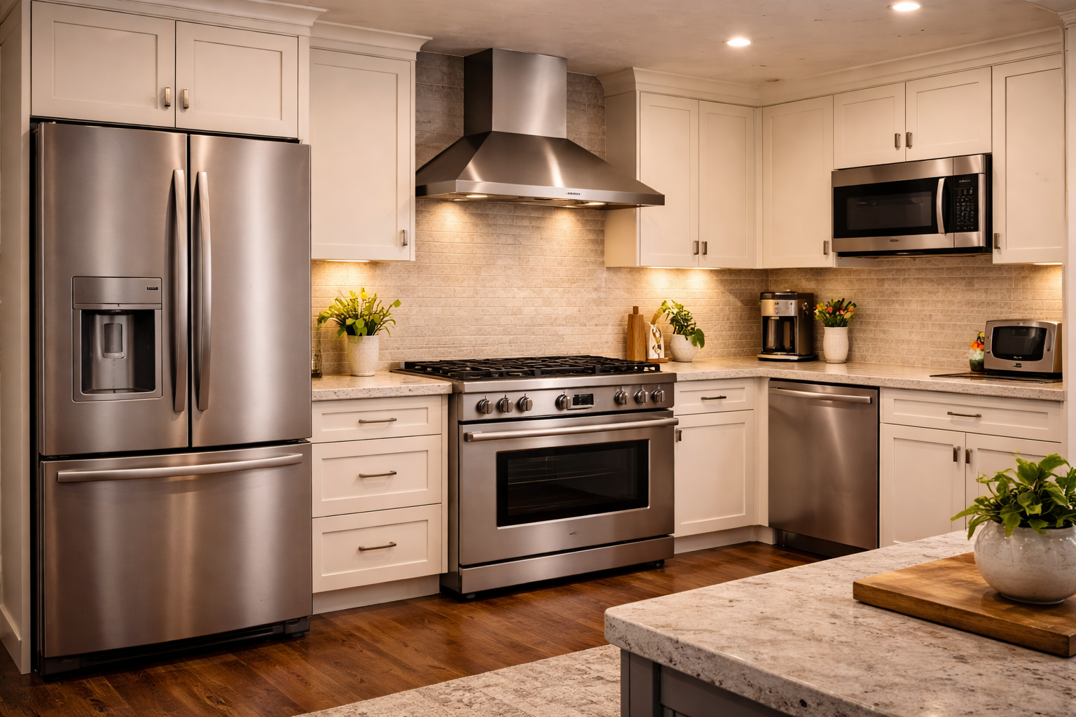 Kitchen appliance lineup with refrigerators, ranges, wall ovens, microwaves, dishwashers, and vent hood options