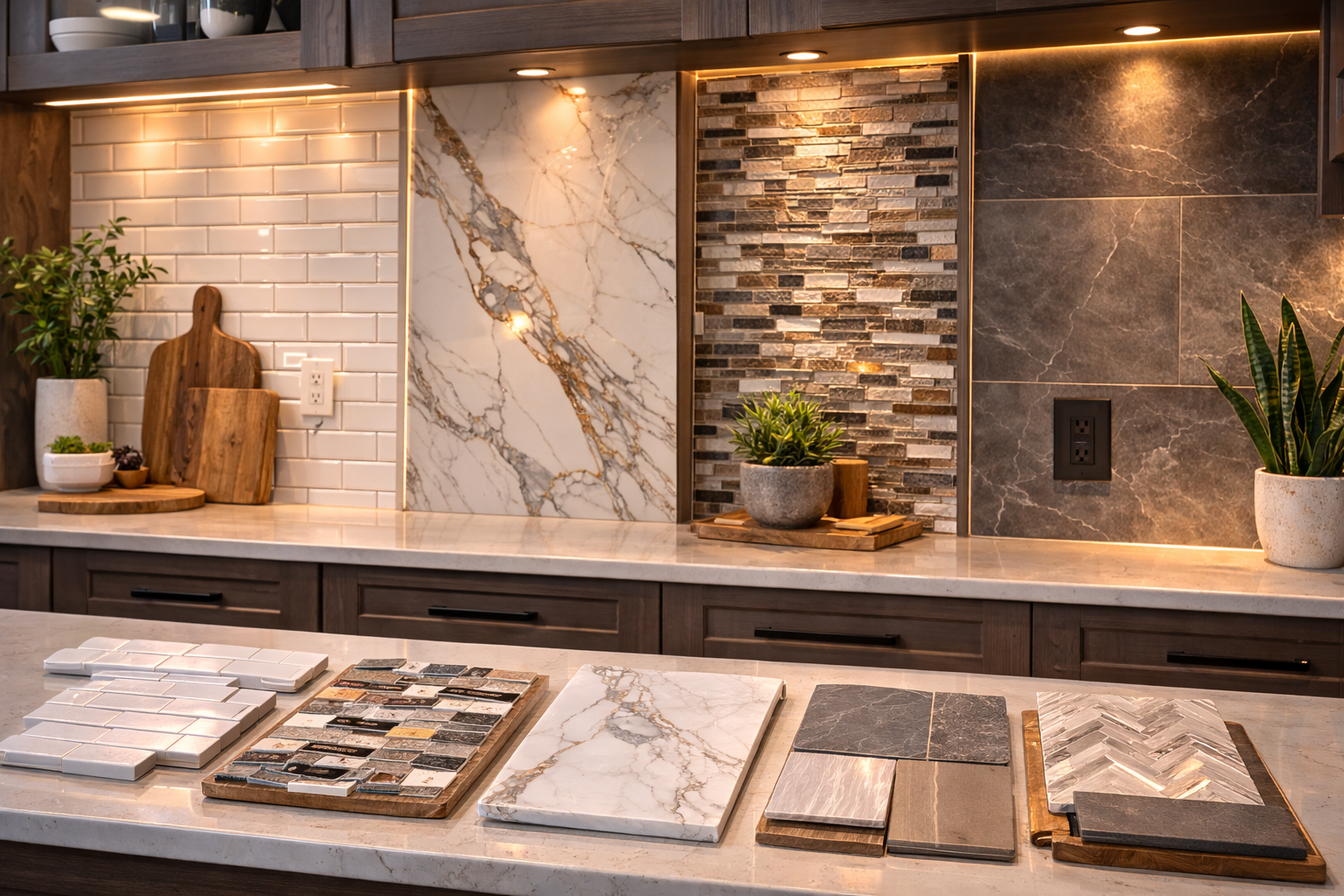 Kitchen backsplash options including subway tile, mosaic patterns, full slab stone, and decorative wall finishes