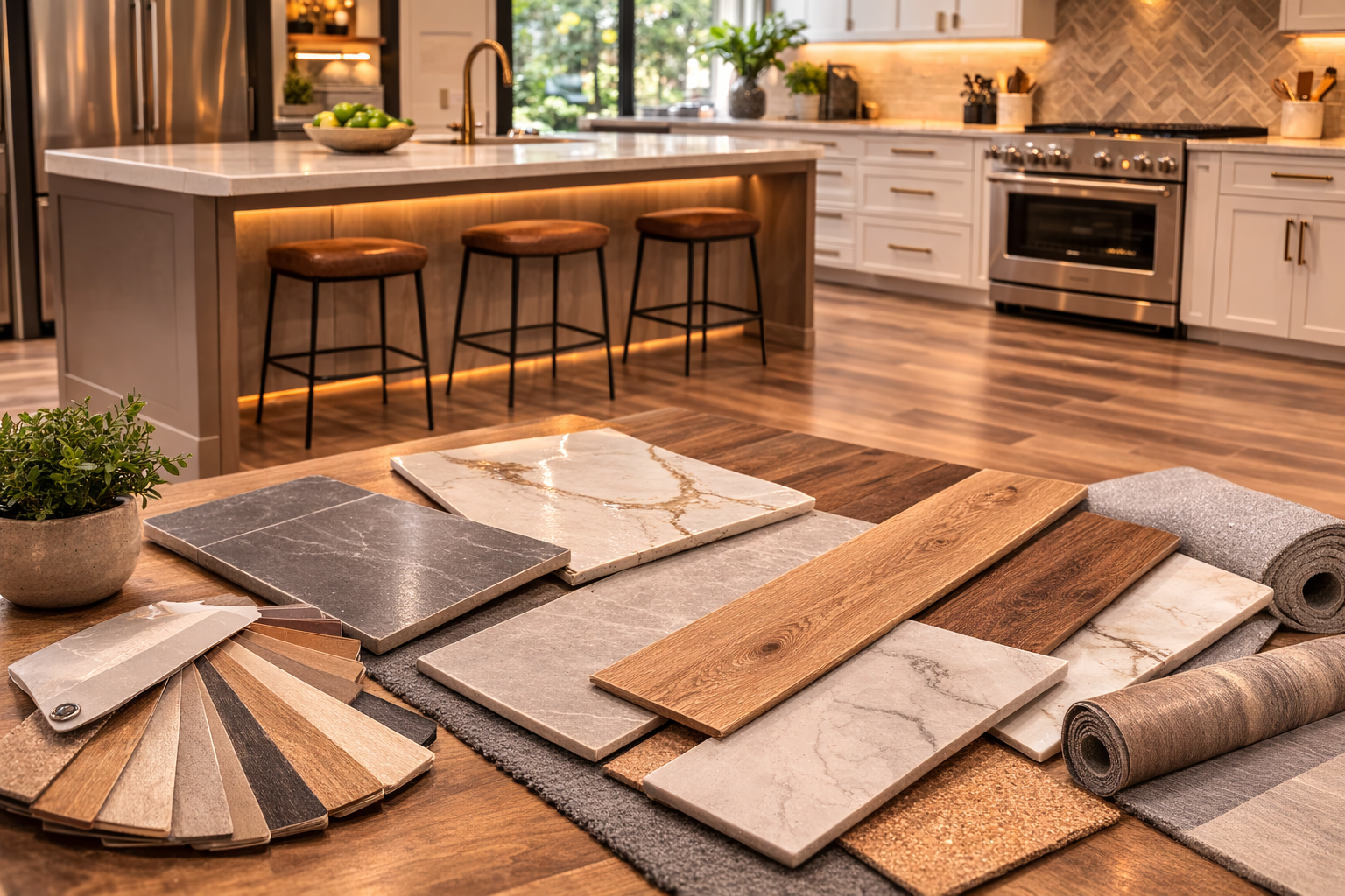 Kitchen flooring options including tile, luxury vinyl, hardwood, engineered wood, and stone-look surfaces