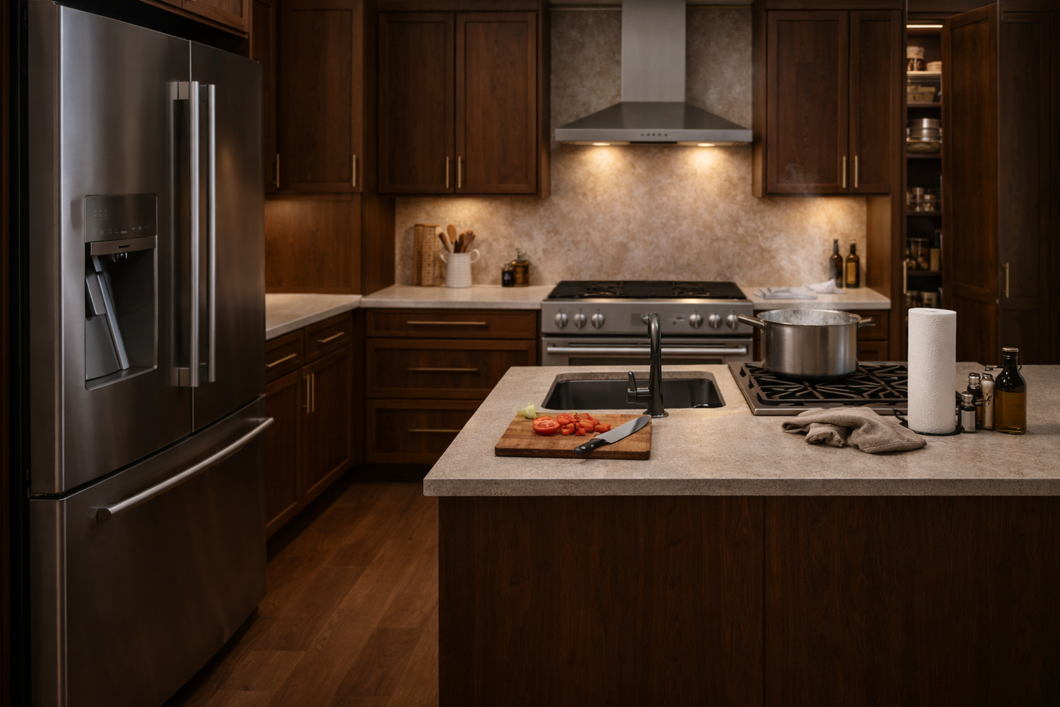 Kitchen layout changes including island relocation and appliance reconfiguration