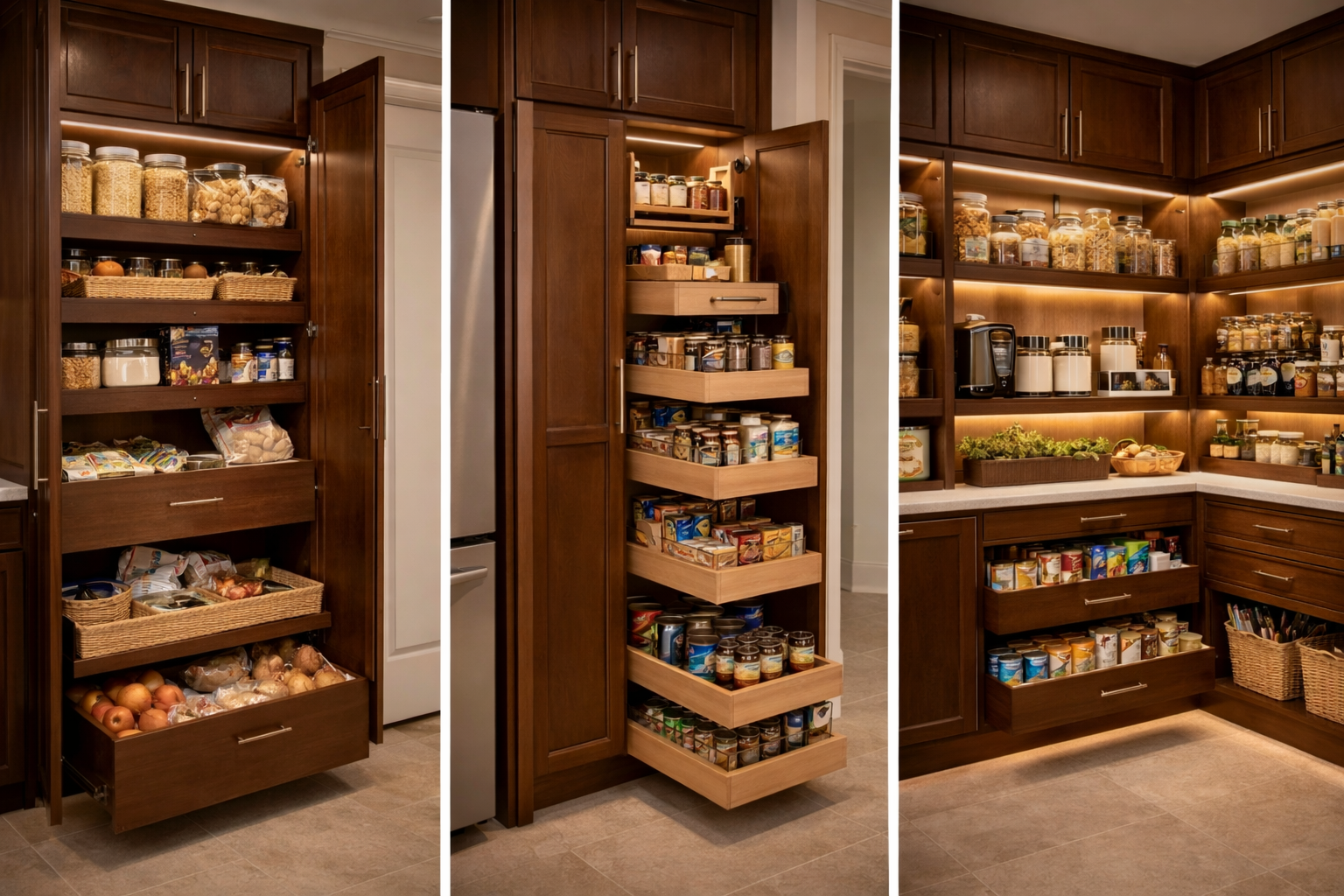 Kitchen pantry storage options including tall cabinets, pull-outs, drawers, and adjustable shelving