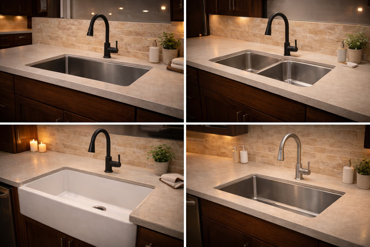 Kitchen sink remodel options including undermount sinks, farmhouse sinks, double-bowl layouts, single-basin sinks, and workstation features