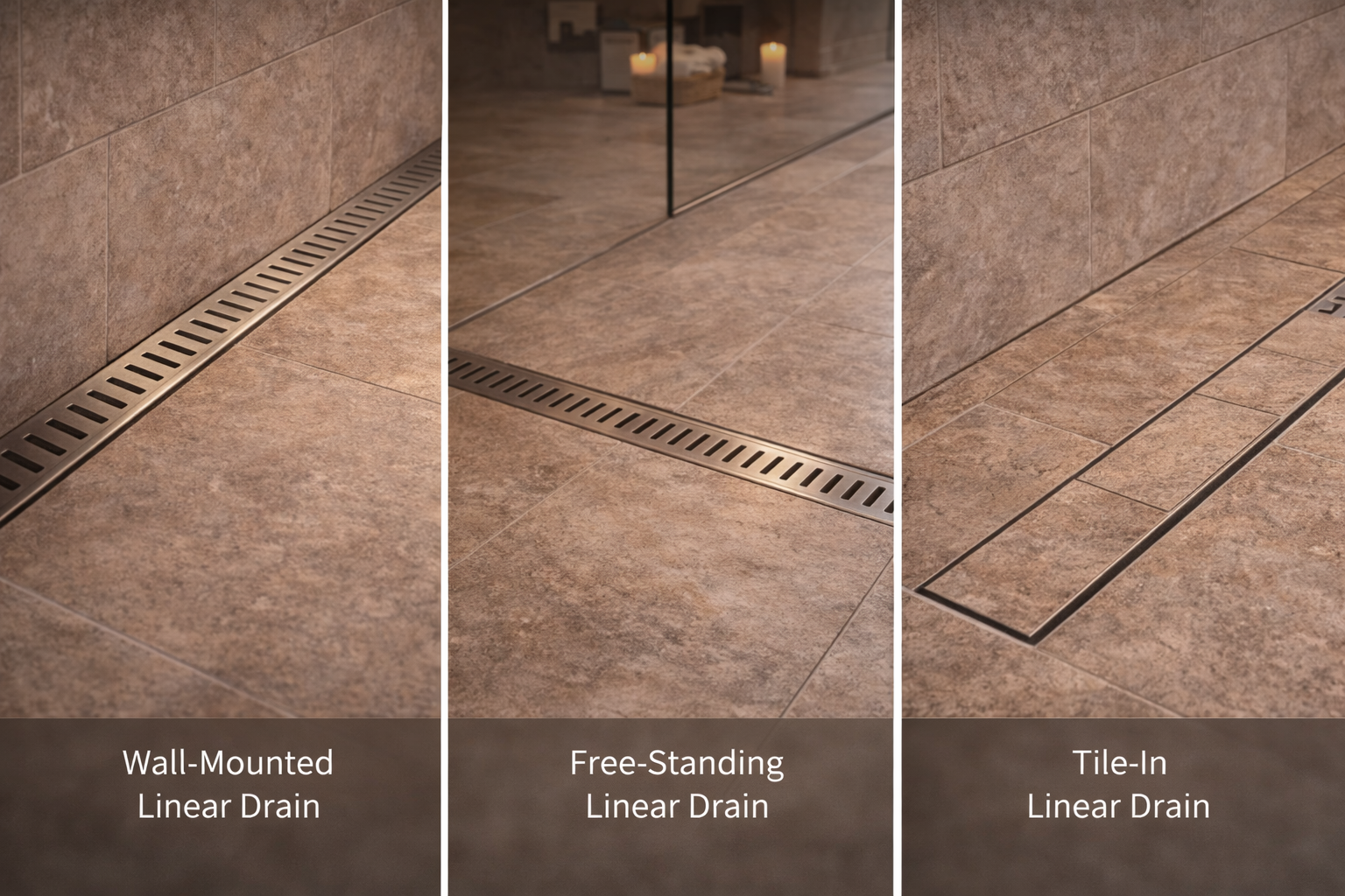 Linear drain options including wall-adjacent drains, center placements, tile-in covers, and decorative grate finishes