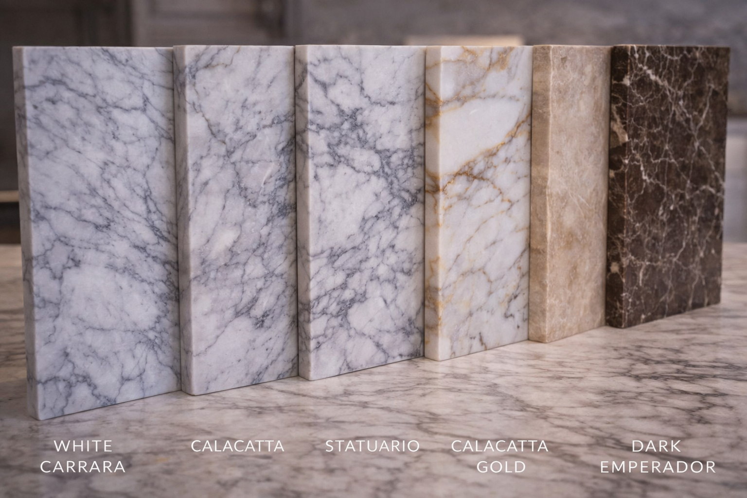 Marble countertop options with white slabs, gray veining, warmer stone tones, and different movement patterns across the surface