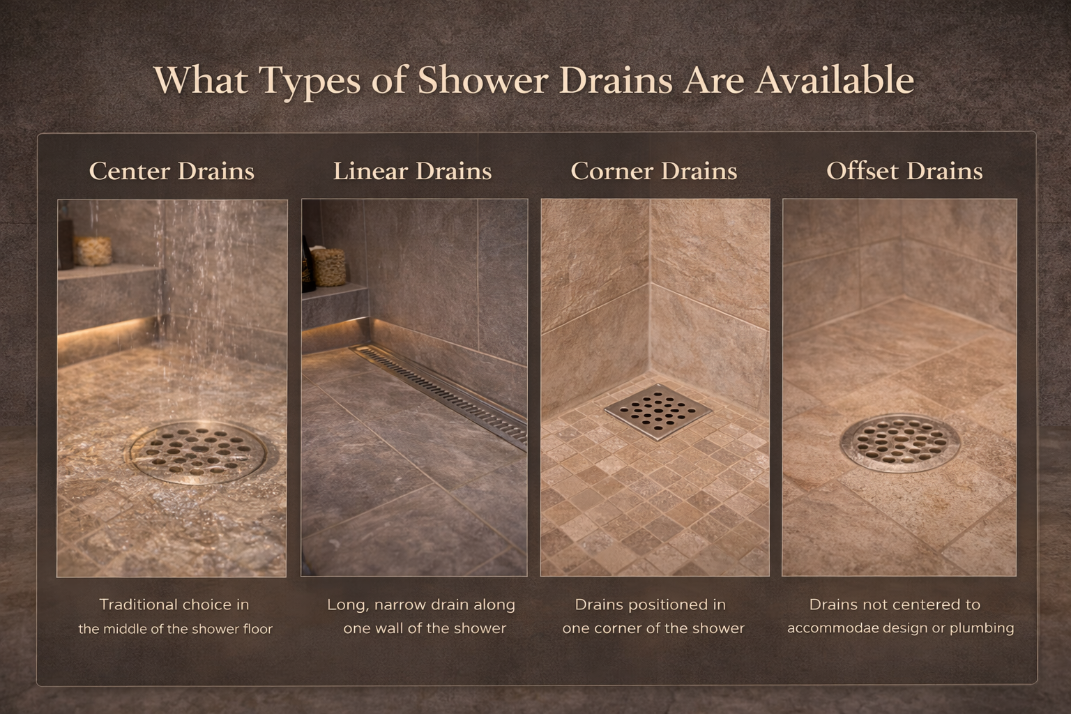 Shower drain options including center drains, linear drains, decorative covers, and different floor integration styles