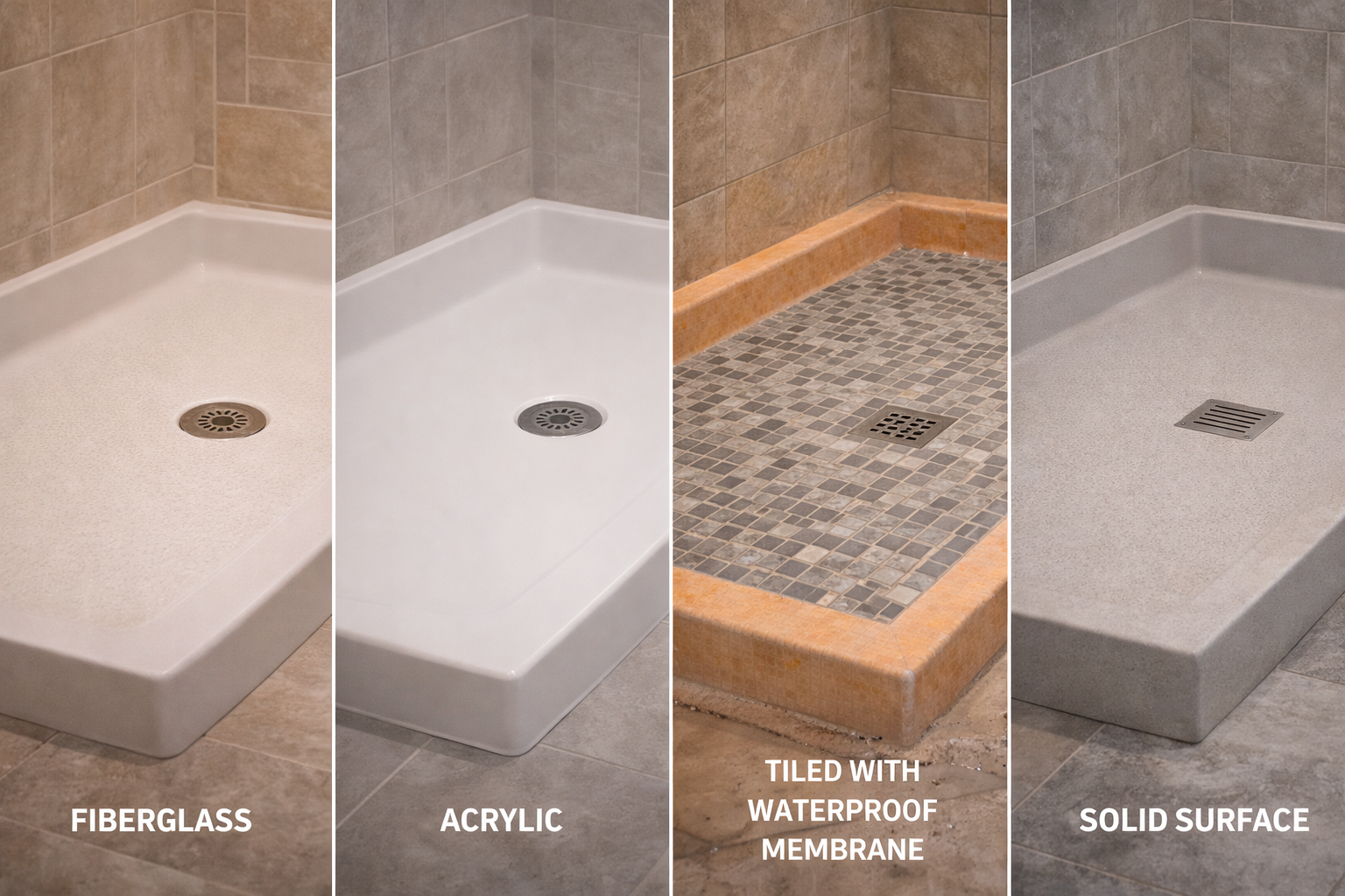 Shower pan options including acrylic bases, tiled pans, low-curb entries, center drains, and linear drain layouts