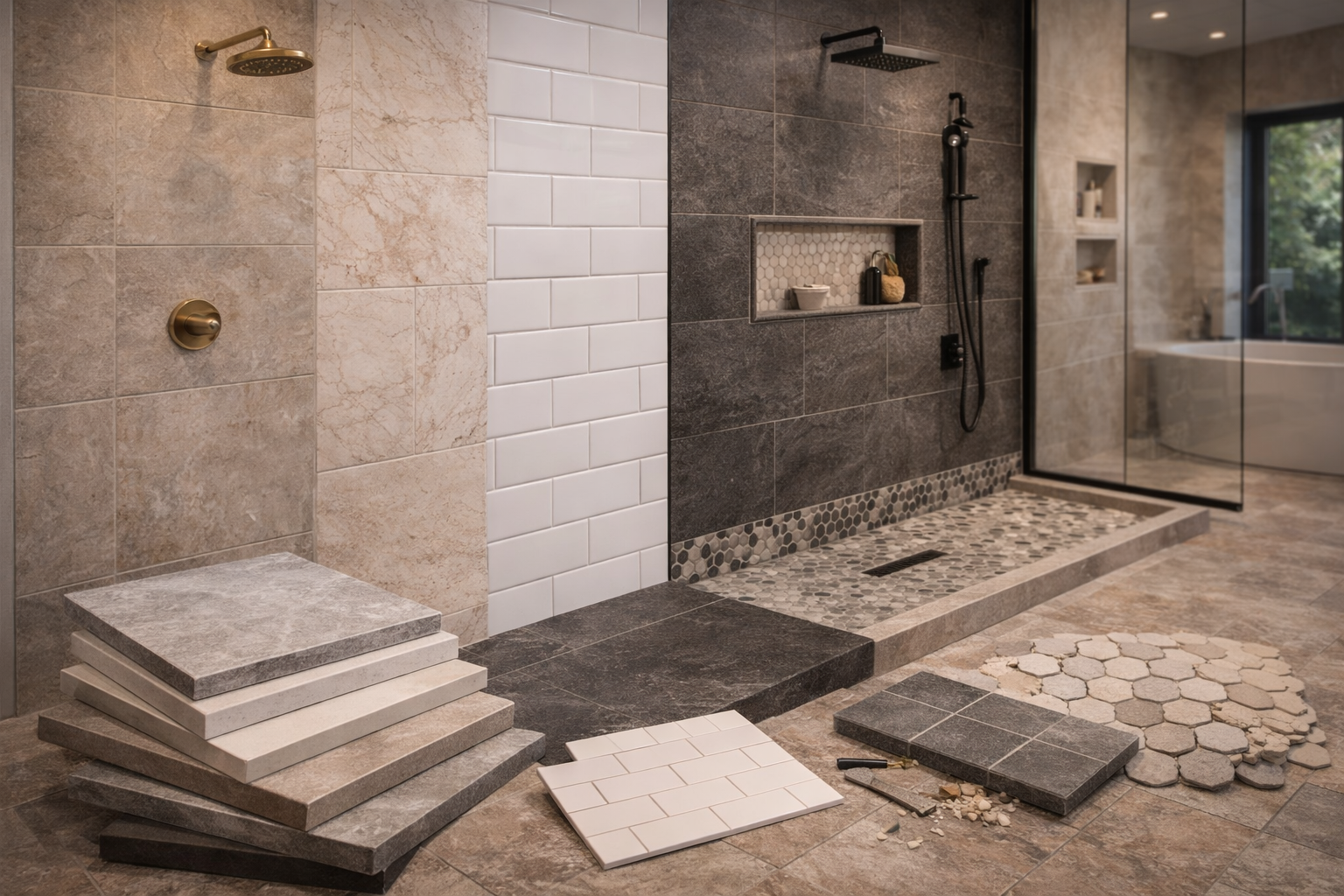 Shower tile options with large-format wall tile, mosaic floors, accent bands, and different surface finishes