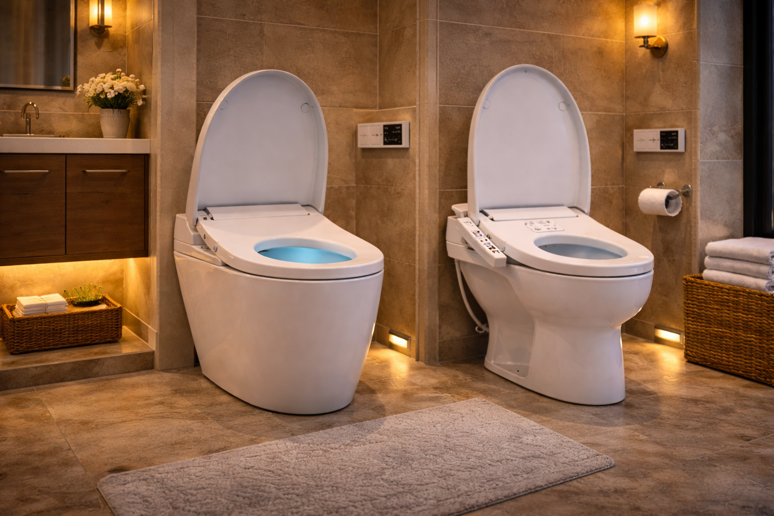 Smart toilet styles with integrated bidet systems, remote controls, auto-flush features, and different bowl designs
