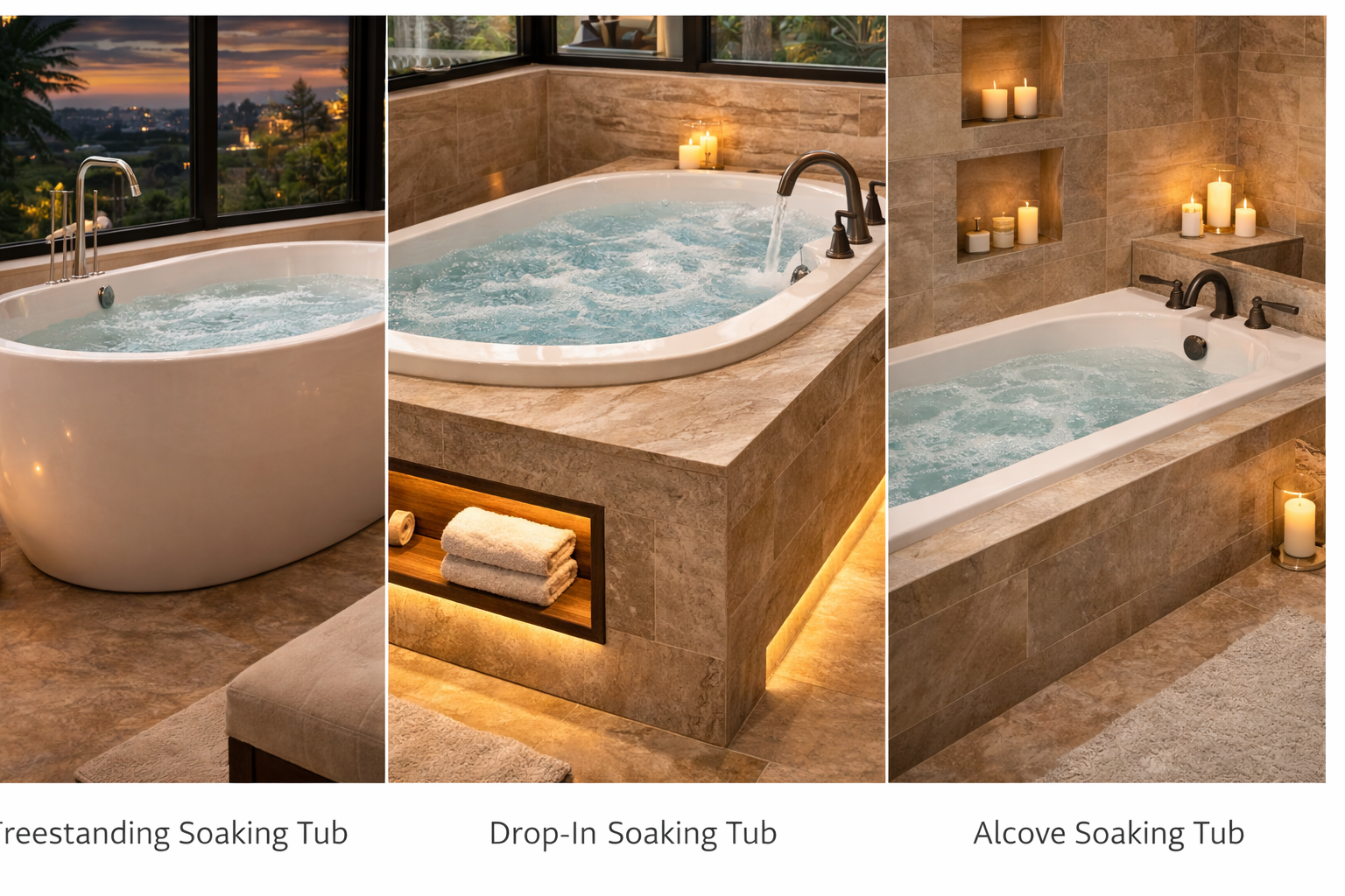 Soaking tub options including freestanding tubs, alcove styles, oval basins, rectangular forms, and slipper silhouettes