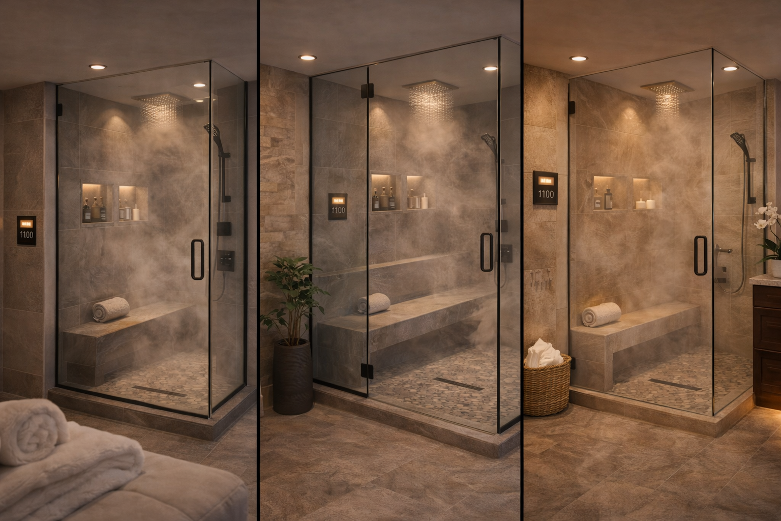 Steam shower design options with frameless glass, tiled benches, recessed niches, and ceiling configurations for steam control