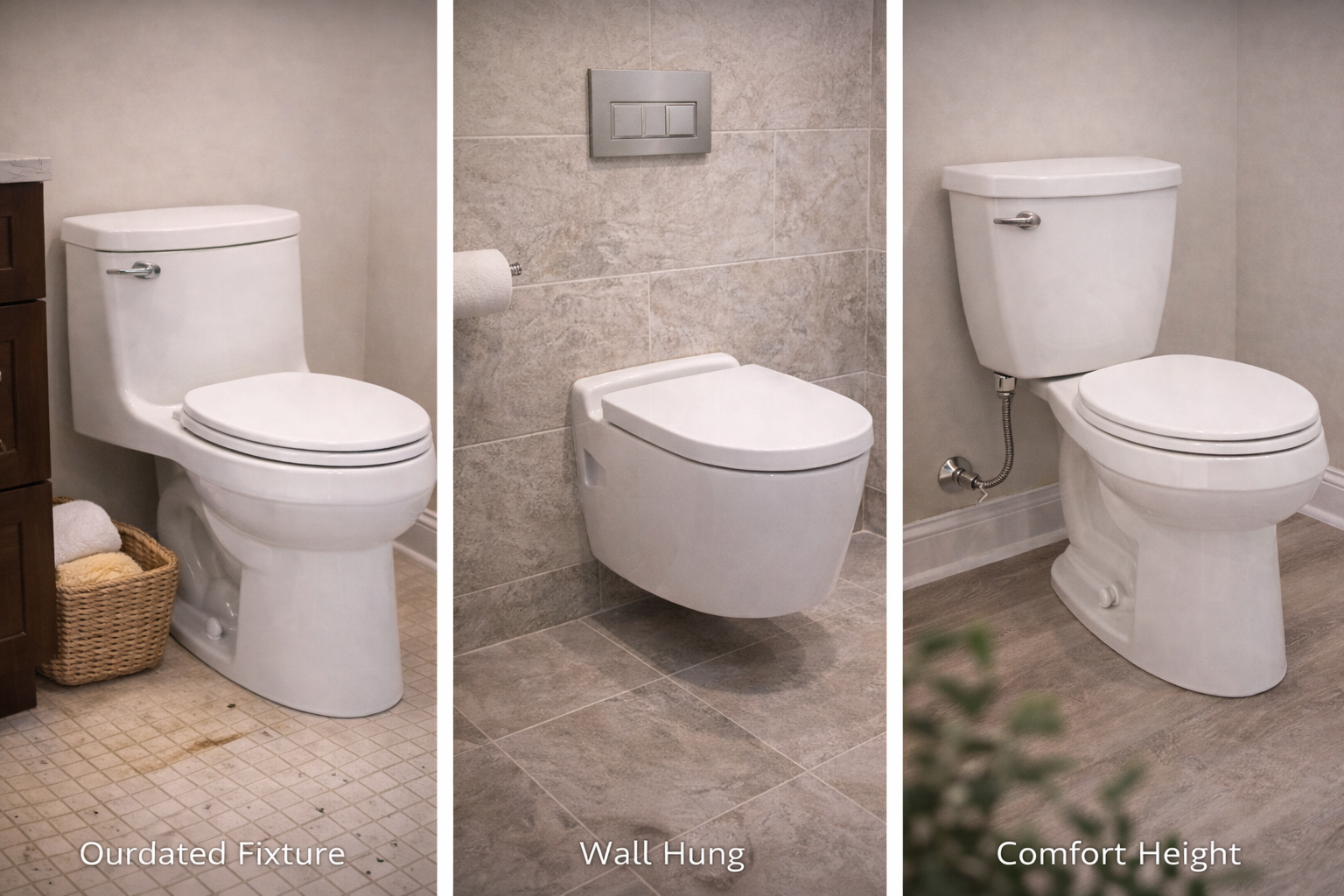 Toilet remodel options including one-piece fixtures, wall-mounted toilets, smart toilets, and updated surrounding finishes