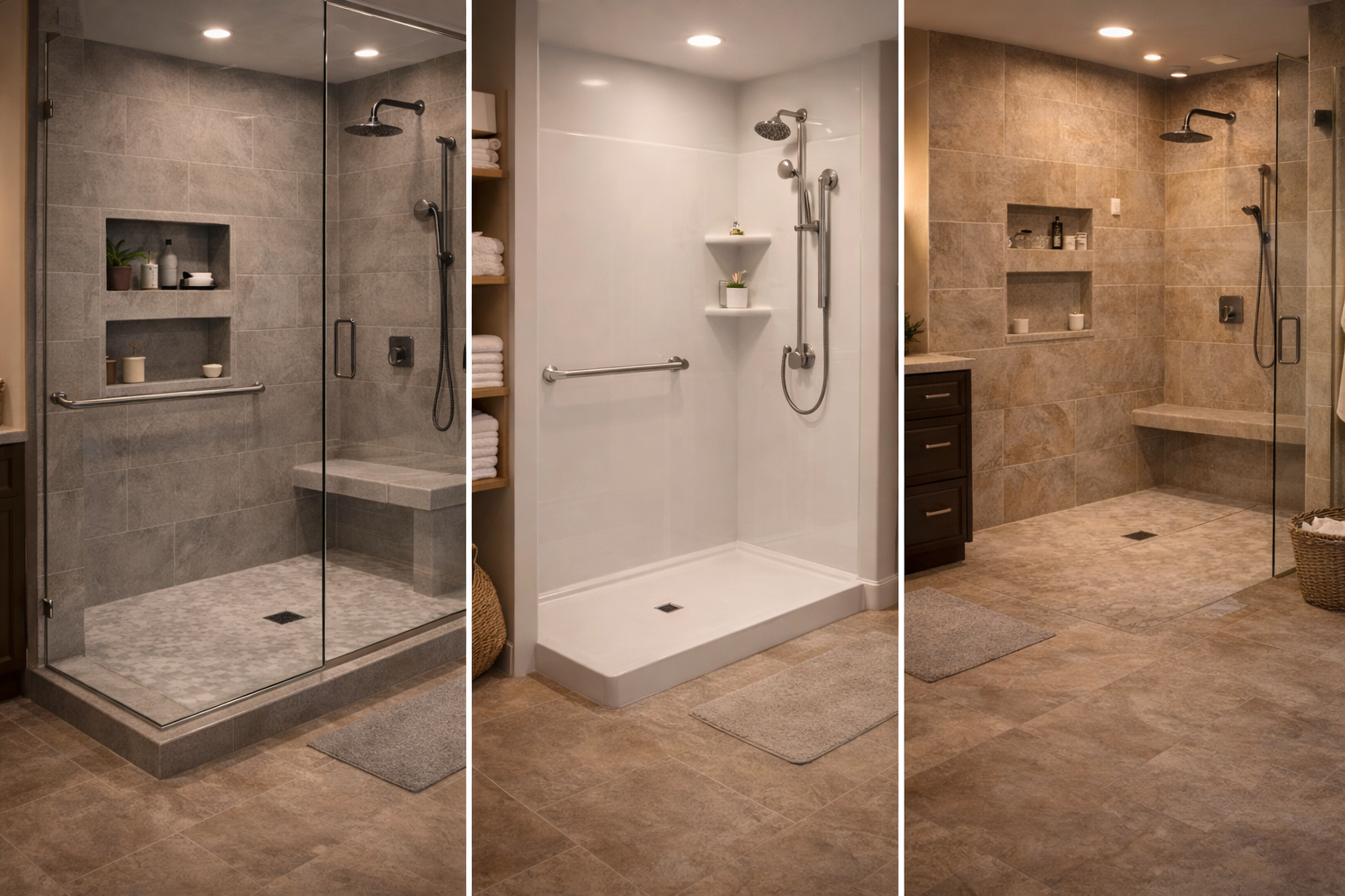 Tub-to-shower conversion options with low-curb showers, tiled walls, glass panels, and different enclosure styles