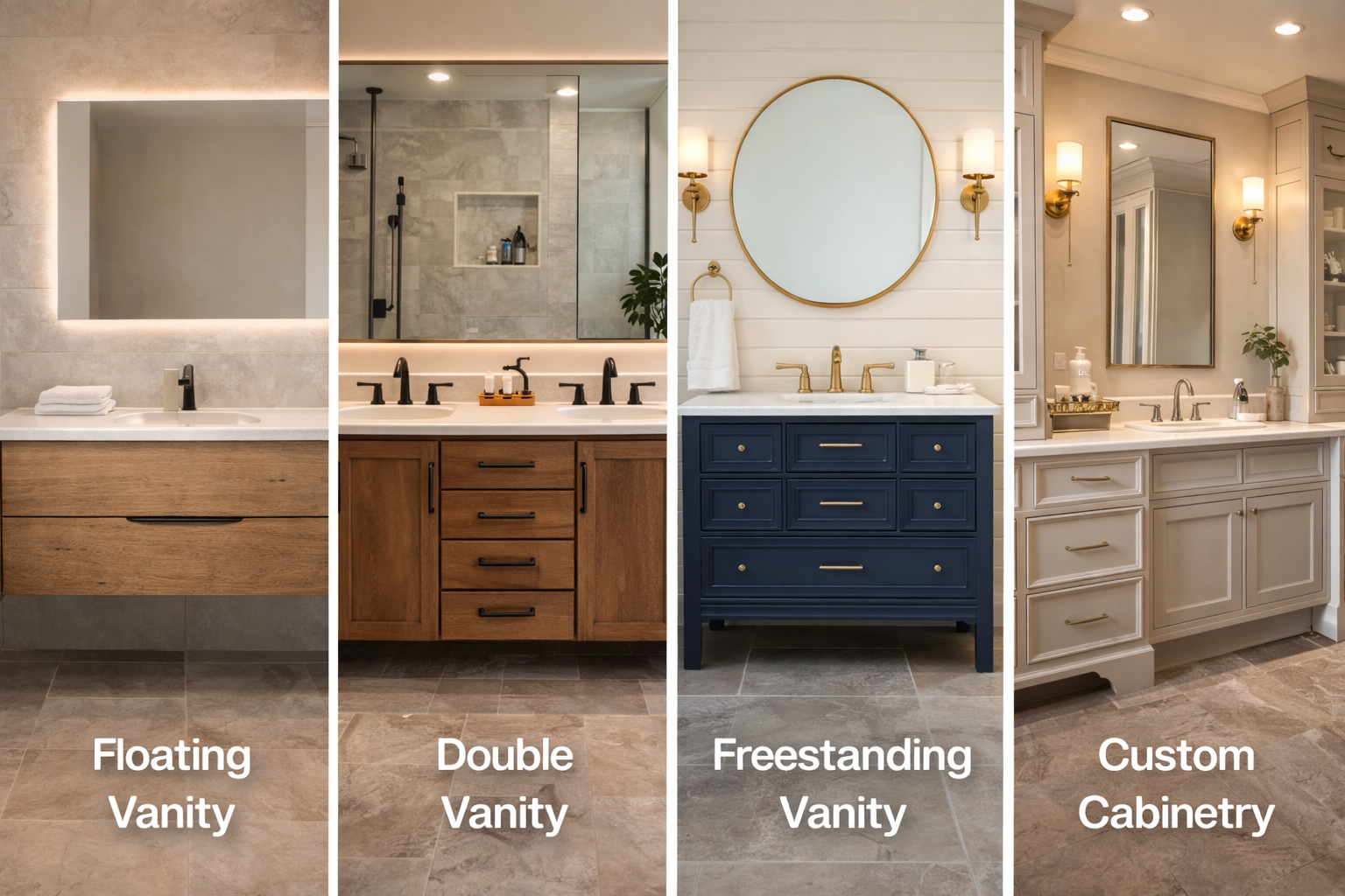 Vanity remodel options including floating vanities, double sink layouts, freestanding styles, and custom cabinet designs