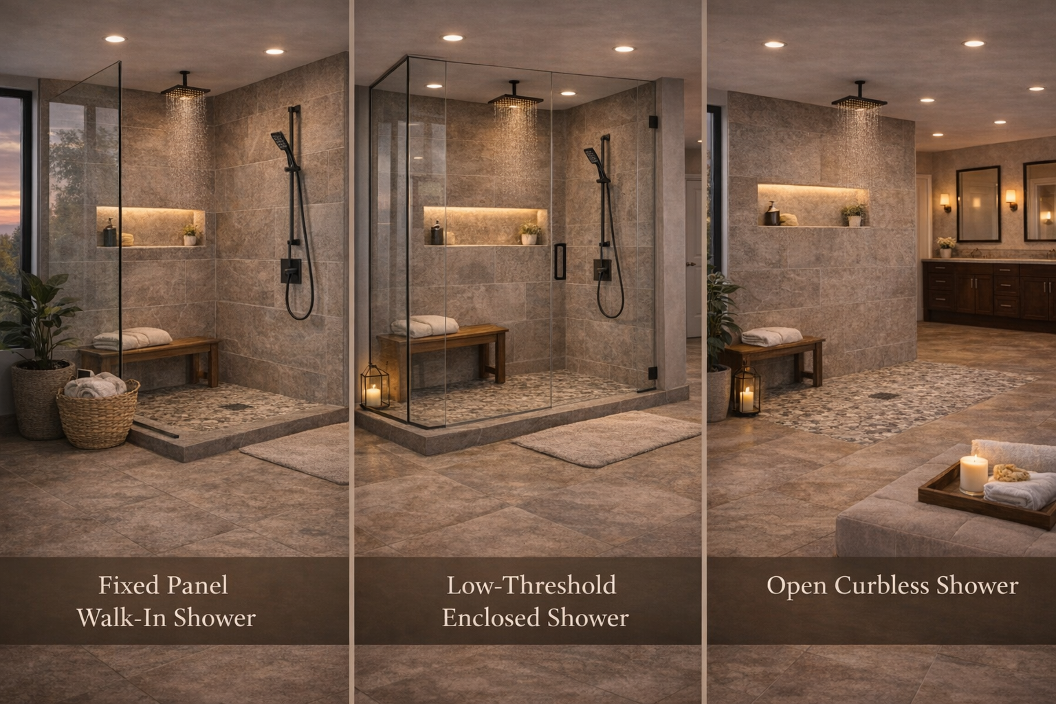 Walk-in shower types with fixed glass panel, low-threshold entry, and open shower design options