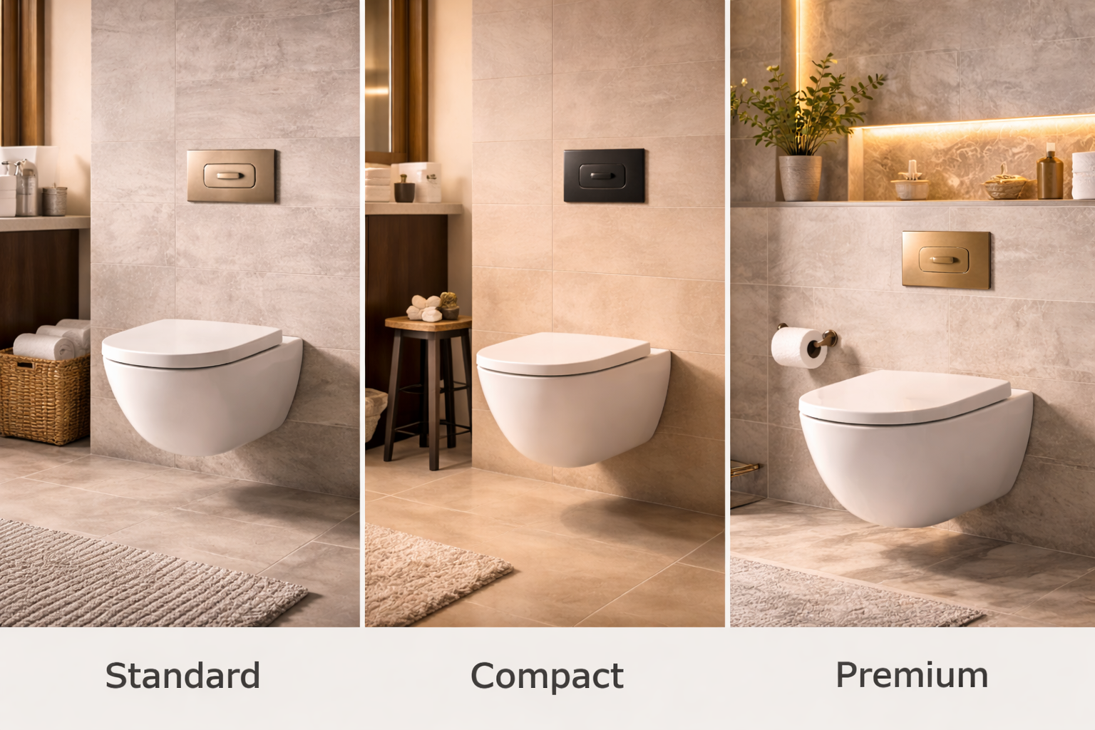 Wall-mounted toilet styles with different bowl shapes, flush plates, carrier systems, and surrounding wall finishes