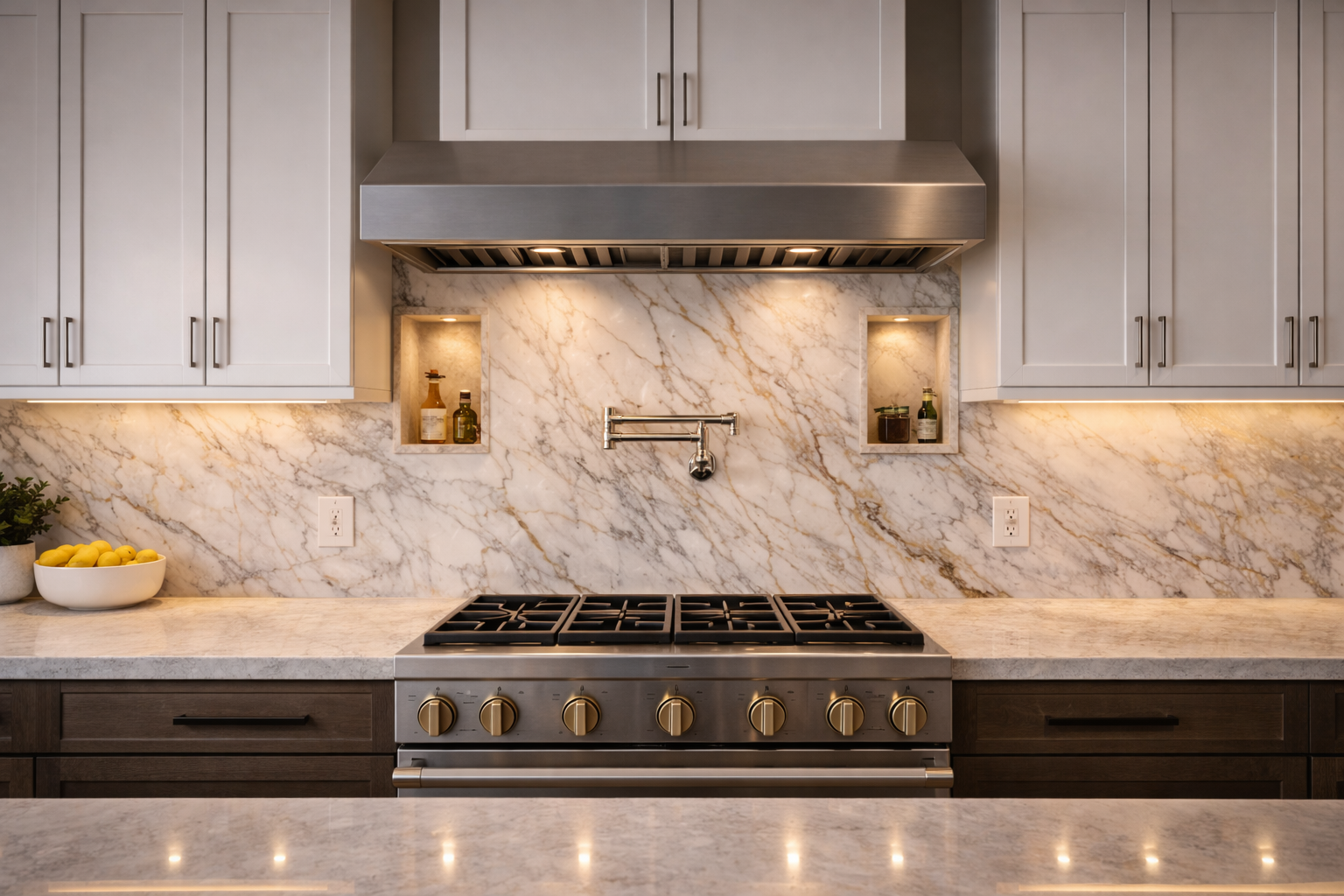 Kitchen backsplash upgrades with full-height coverage, accent patterns, under-cabinet lighting, decorative trim, and wrapped range areas