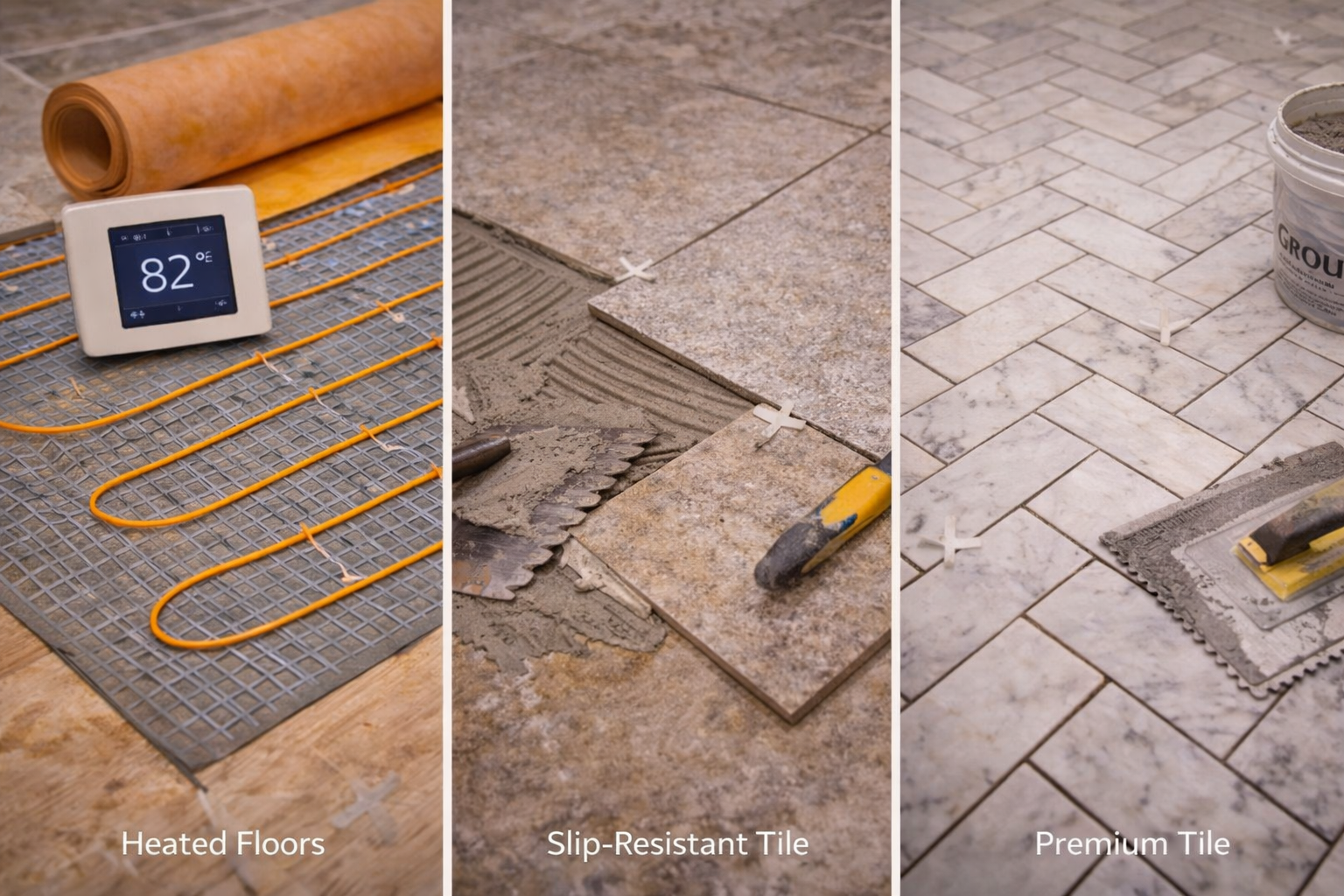 Bathroom flooring upgrades with heated floors, larger tile formats, improved slip resistance, decorative patterns, and cleaner transitions