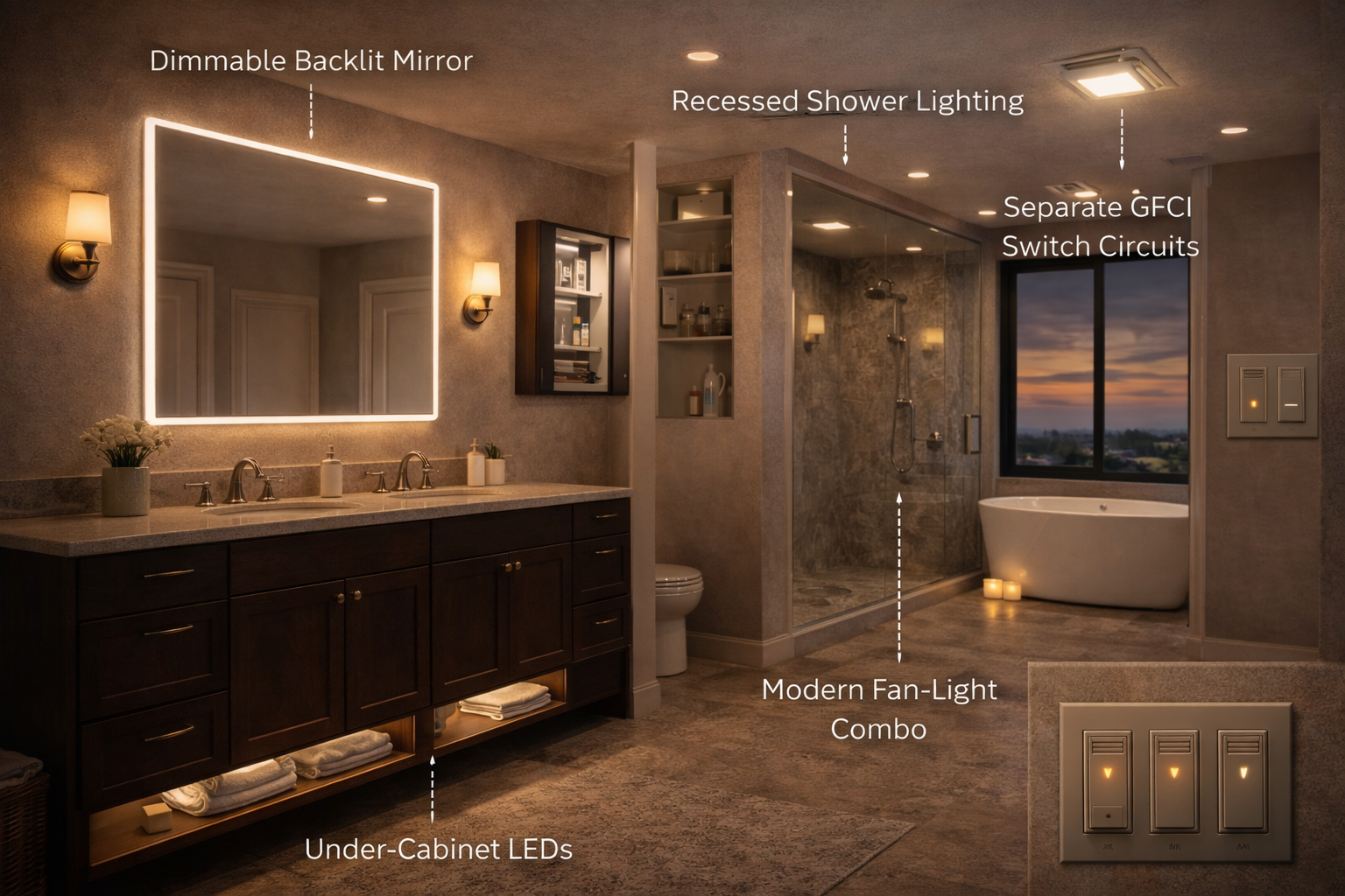 Bathroom lighting upgrades with dimmers, backlit mirrors, layered vanity lighting, shower lighting, and decorative accent fixtures