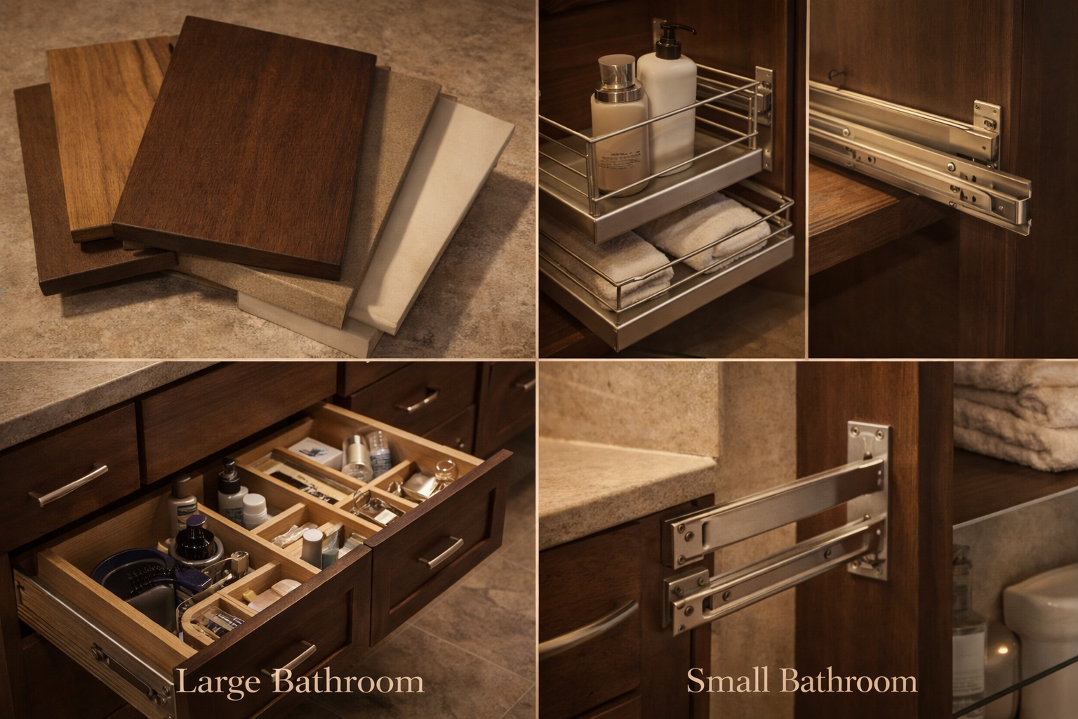 Bathroom storage upgrades with pull-out organizers, drawer dividers, medicine cabinets, linen towers, and hidden charging areas